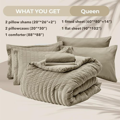 HYMOKEGE Queen Comforter Set - Luxury 7-Piece All-Season Bedding in Seersucker Style