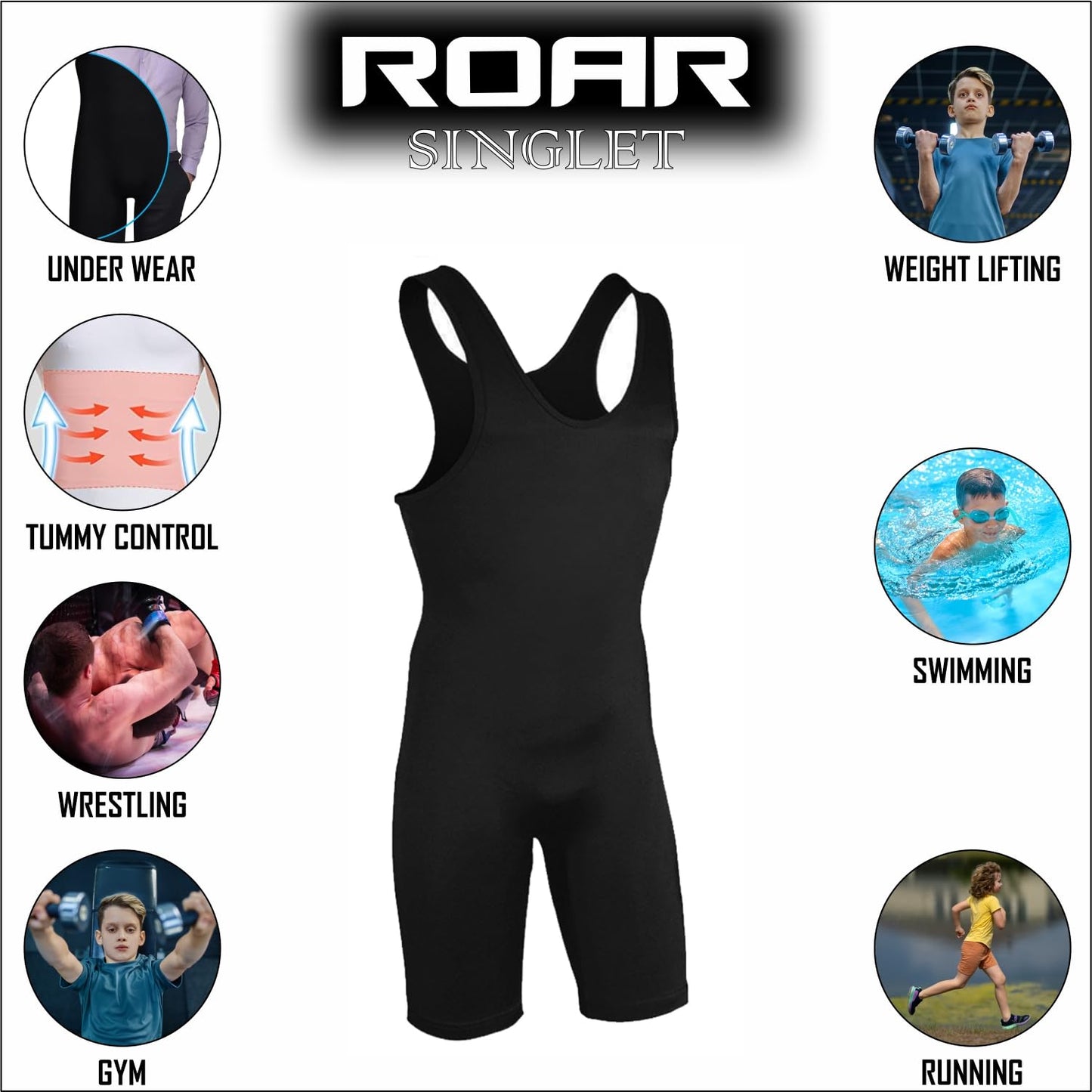 Roar Athletic Men's Wrestling Singlet Suit Bodywear Uniform for Men and Youth, Powerlifting and Exercise Equipment (Black, Youth Large)