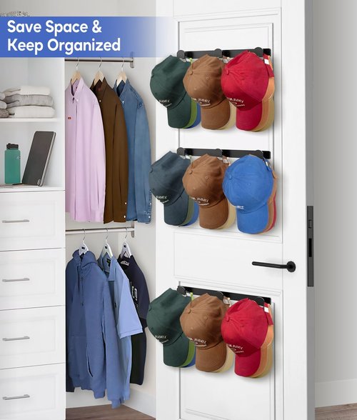 KIMBORA Hat Rack - Wall-Mounted Organizer for 36 Baseball Caps | 4 Packs with 3 Mounting Options (Black)