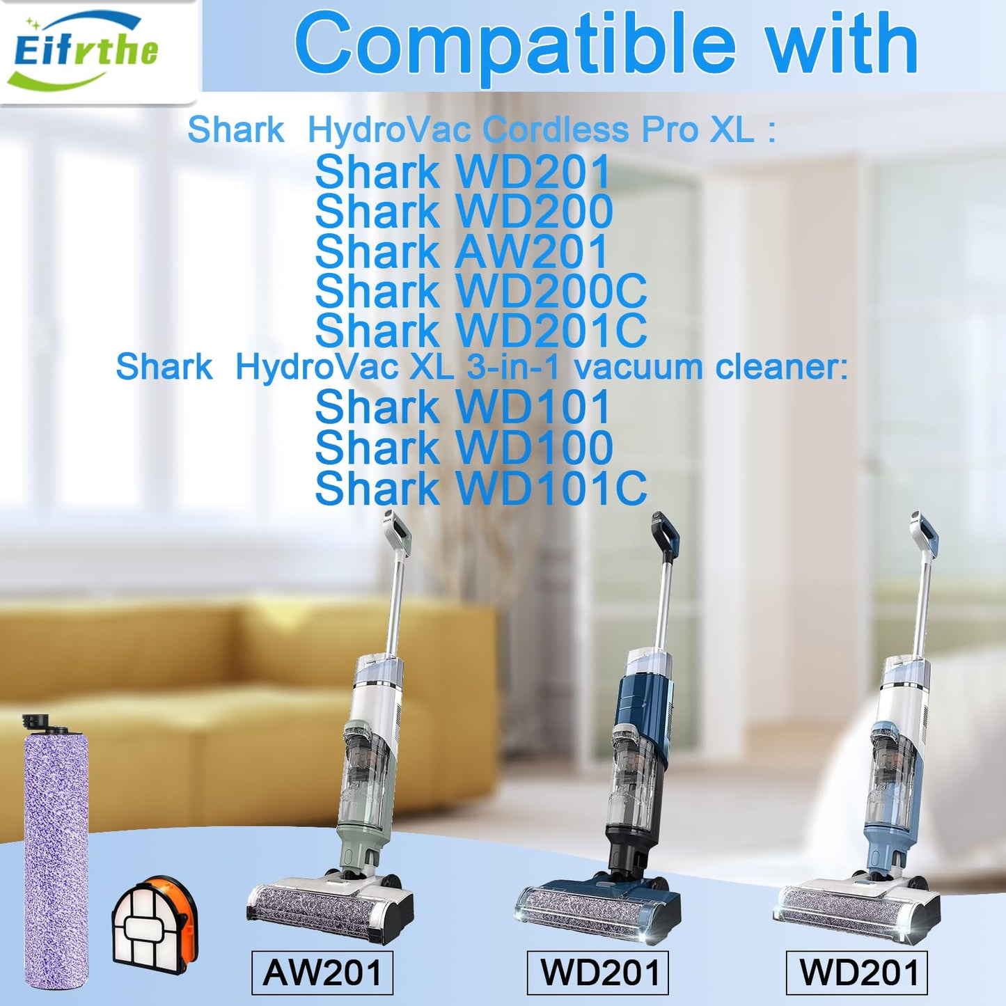 WDB1F2 Replacement Brushroll & Filte Bundle for Shark WD101 WD201 WD100 WD200 AW201 WD200C WD201C WD101C AW261 wd160 HydroVac XL 3-in-1 vacuum cleaner, compare parts WDB1, WDB2, WDFF1, WDFF2, WDB1F2