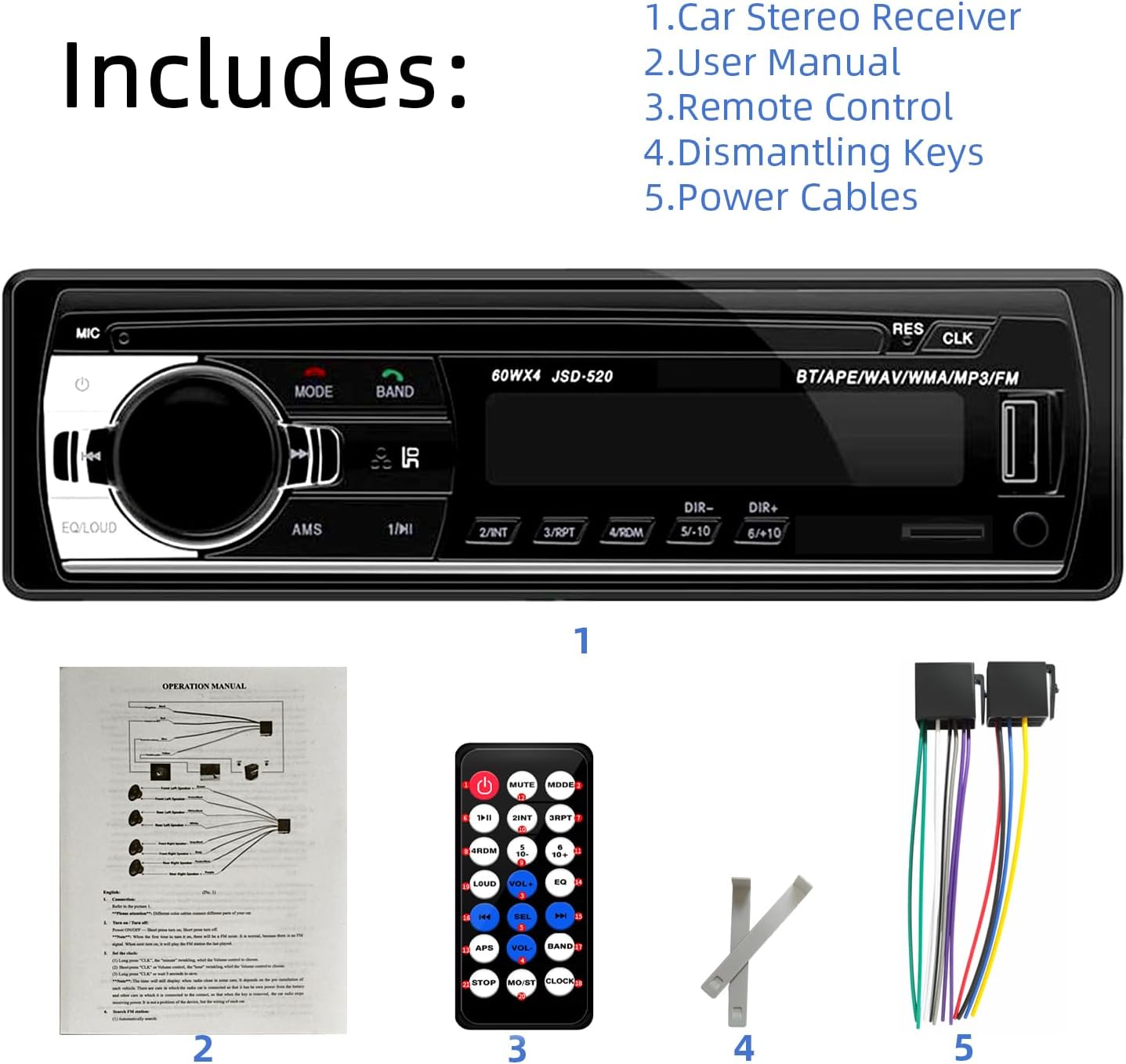 Auroky JSD-520 Charging/MP3/AUX/TF, Car Stereo Audio Single Din Bluetooth Handsfree FM Radio Receiver USB No CD Player