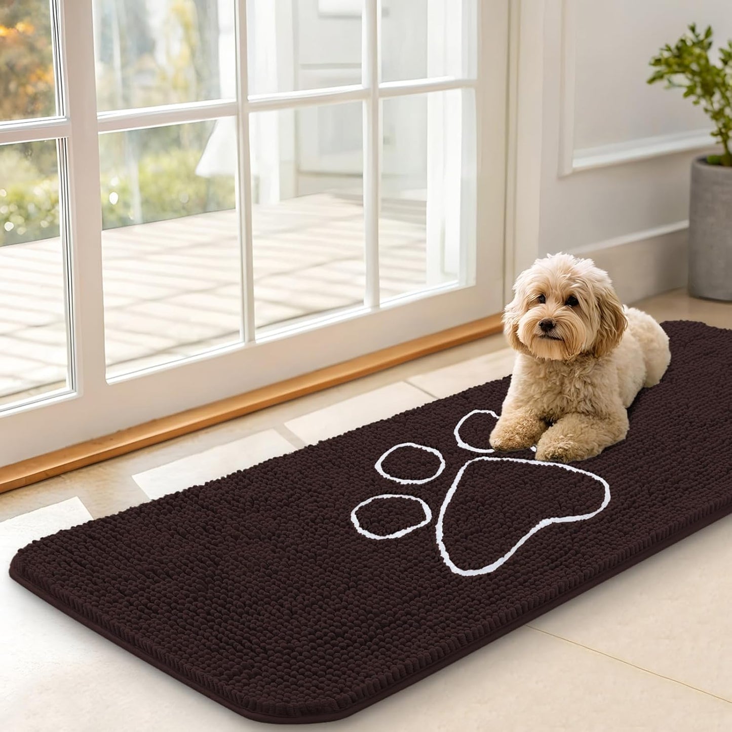 OLANLY Dog Door Mat - Absorbent Non-Slip Chenille for Muddy Paws | 47x17 Inch, Brown Paw Print Design