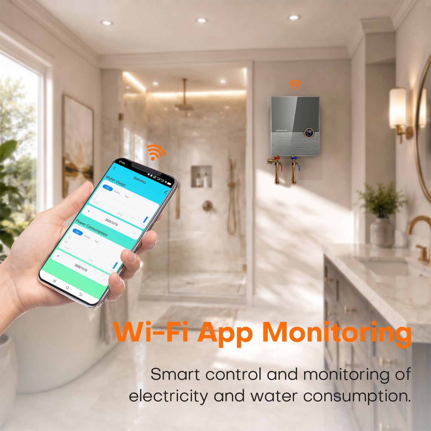 Wintemp 27kW Tankless Water Heater Electric 240V, Whole House On Demand Hot Water, Automatically Maintains Water Temperature, Up to 6.5 GPM, WiFi Control, ETL Eertified, Eco, WM27V Plus