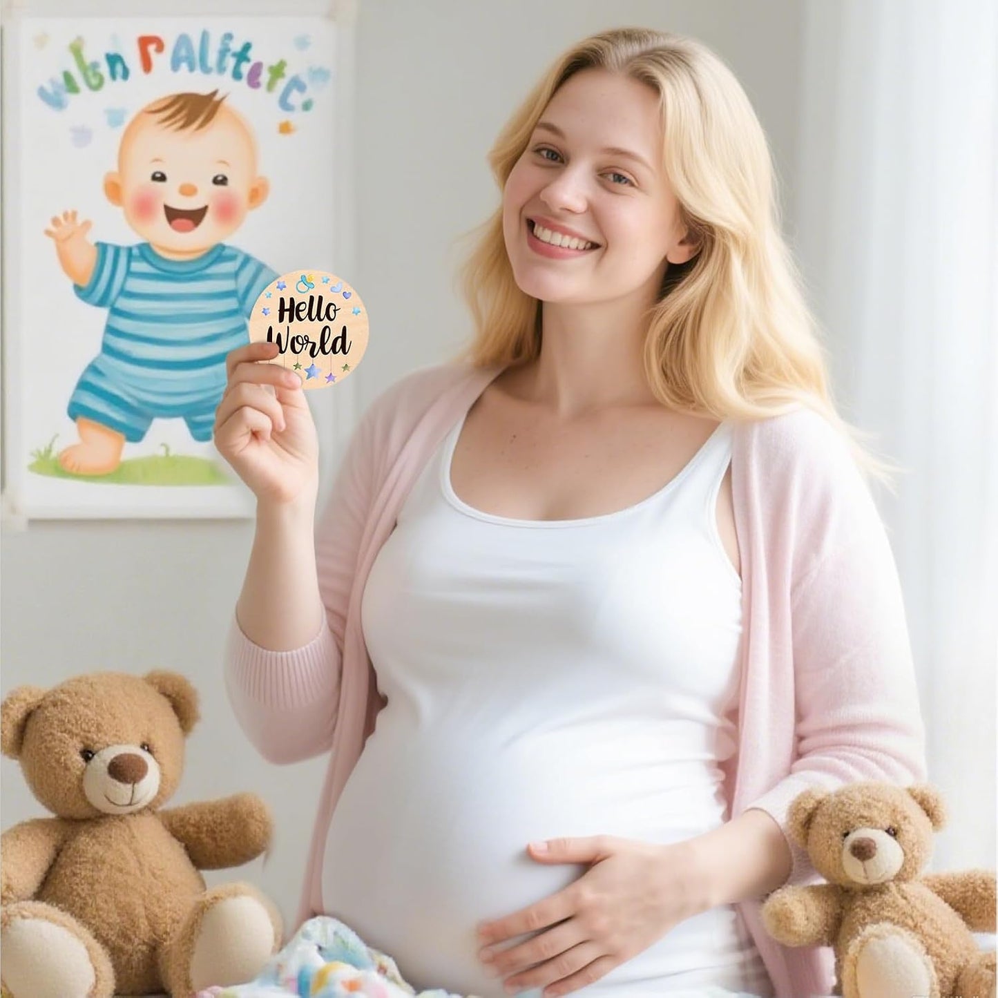 13 Props(0-12 Baby Monthly Milestone Cards - Double-Sided Wooden Milestone Signs Discs with Bear & Star Designs, Little