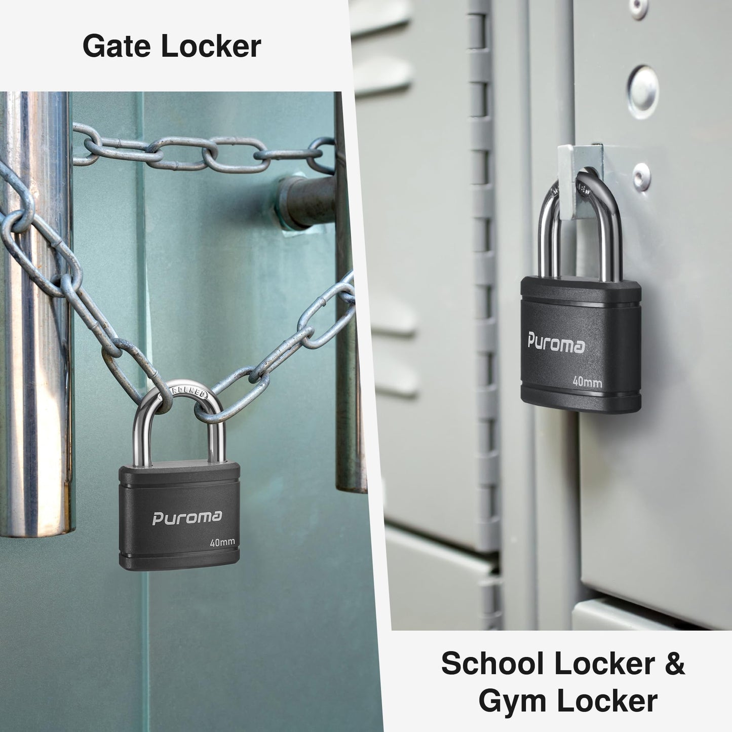 Puroma 2 Pack Keyed Padlock with 3 Keys Alike, 7/8 Inch Locker Lock 40mm Heavy-Duty Locks for Gate Fence Hasp Cabinet Toolbox School Gym Locker (Black)