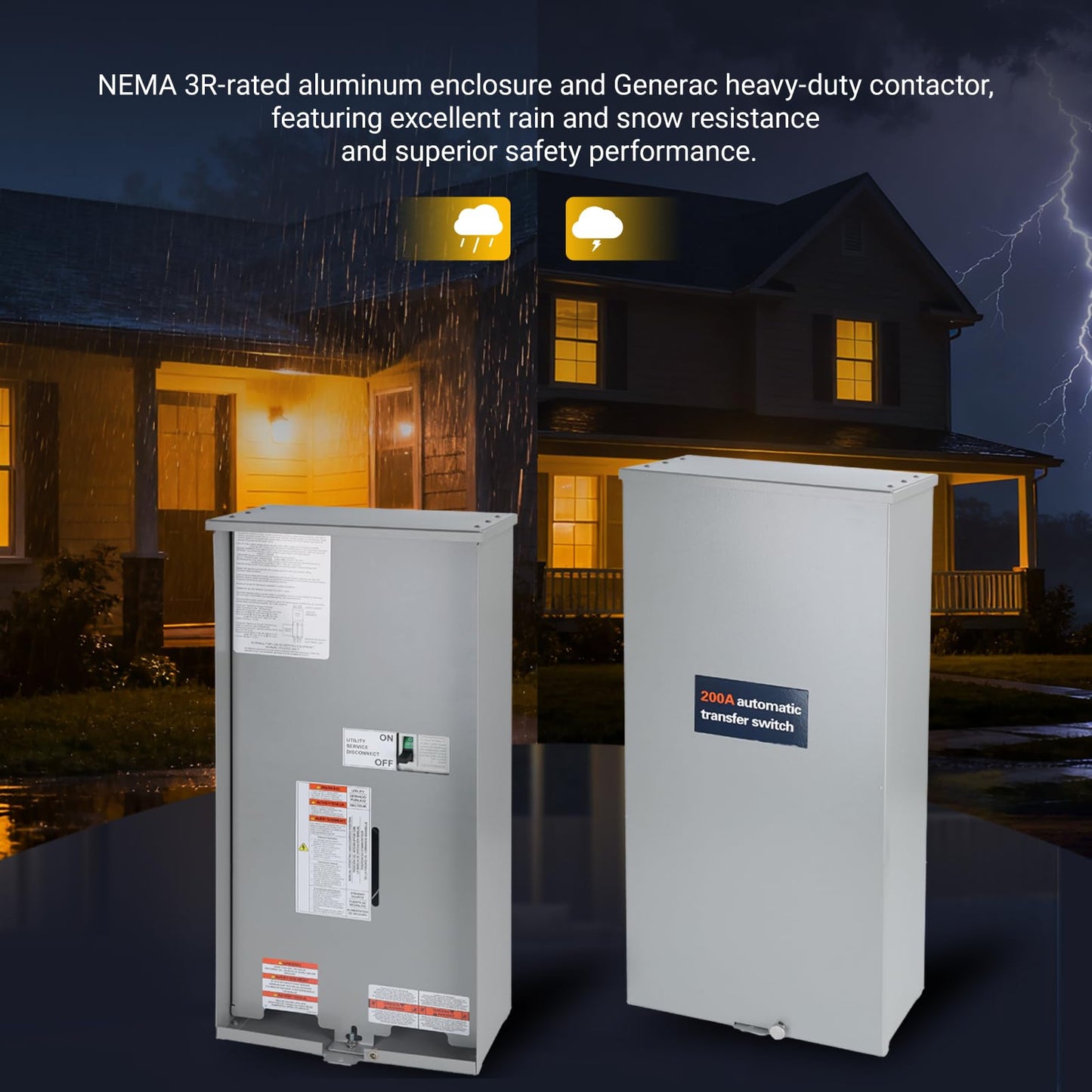 KERWINN Universal 200A Automatic Transfer Switch with Power Management,Replacement for Generac RXSW200A3. Features a Rugged NEMA 3R Aluminum Enclosure for Outdoor use.