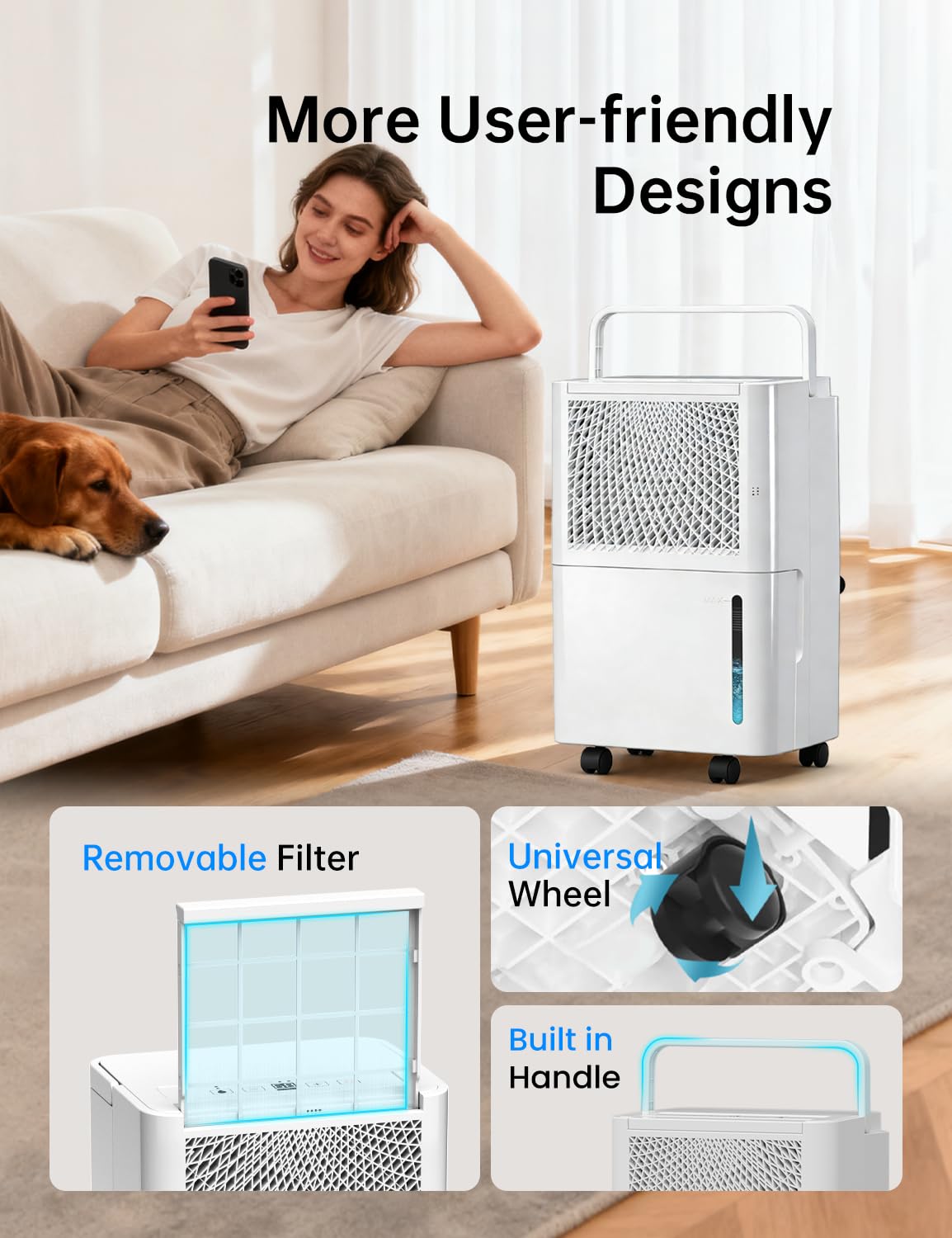 HUMSURE 2500 Sq. Ft 30 Pints Dehumidifier Equipped With Drainage Hose, Automatic Defrosting, for Basement, Home, Bathroom, Bedroom,24-Hour Timer Function
