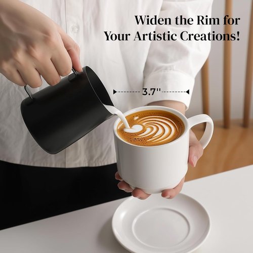 DOWAN 12oz Coffee Mugs - White Ceramic Cappuccino Cup & Saucer Set of 4 | Microwave Safe for Home & Office