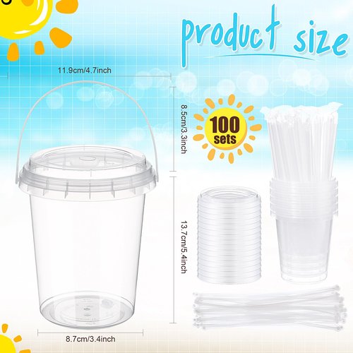 Funnymoom 100 Set 34oz Clear Plastic Drink Buckets with Lids and Straws Disposable Iced Coffee Cups Rum Buckets for Cocktail Parties Smoothie Cup Bulk with Handles for Beach Pool Party Supplies