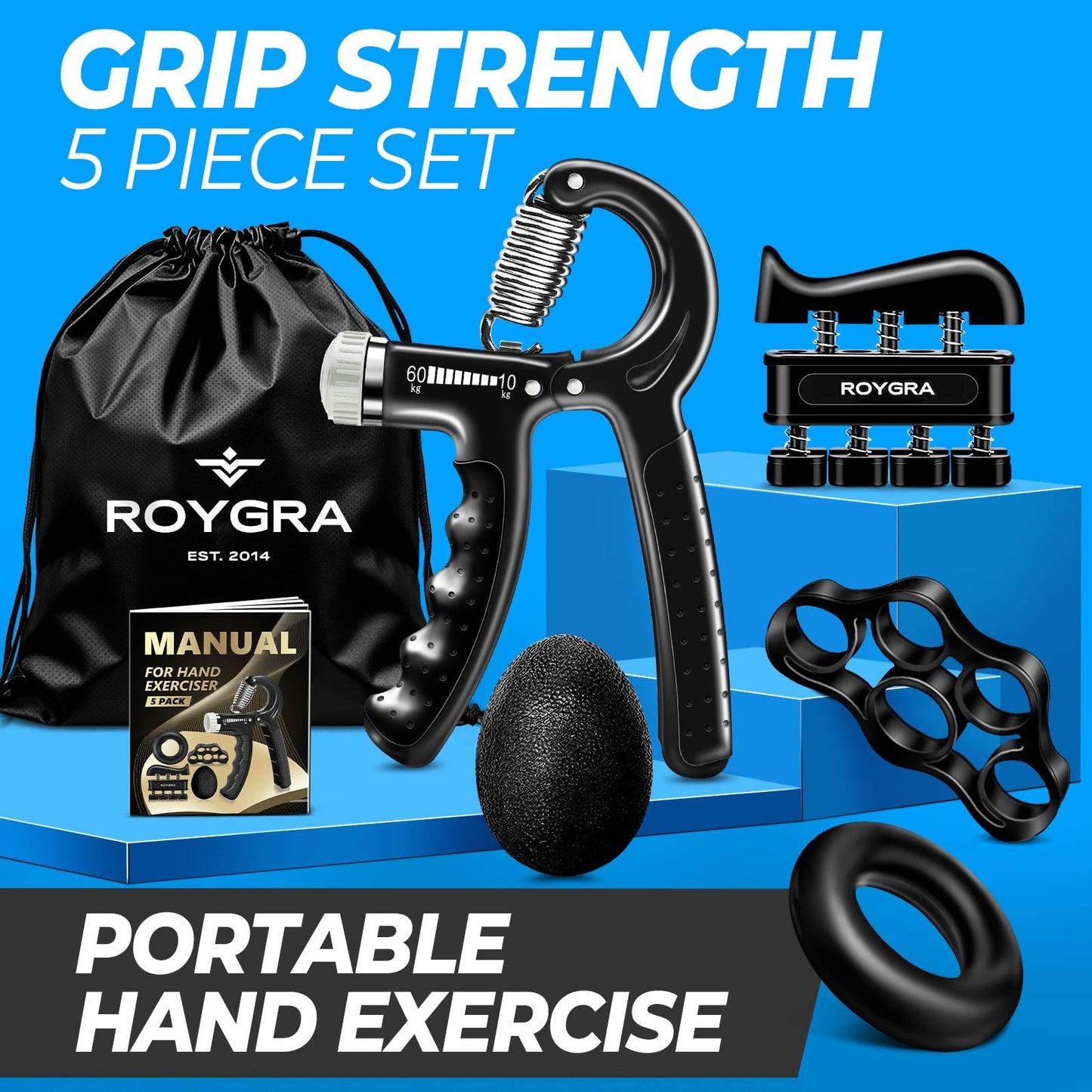roygra Grip Strength Trainer (5 Pack), Forearm Strengthener, Hand Strengthening Devices, Hand Exercisers for Strength, Finger Strengthener, Wrist Exerciser, Baseball Climbing Calisthenics Basketball