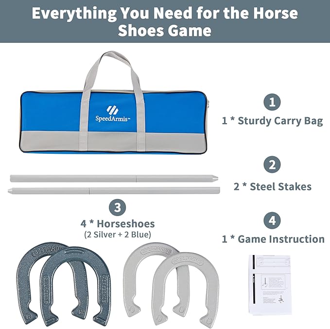 Horseshoes Outside Game Set - Universal Size Lawn Horseshoes Outdoor Games for Parties Beach Backyard, Includes 4 Horseshoes, 2 Steel Stakes and Durable Carrying Bag