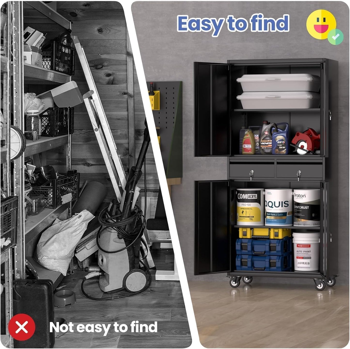 IDEALHOUSE 73'' Metal Storage Cabinet, Heavy Duty Garage Storage with Wheels, Locking Doors and 2 Drawers, Adjustable Shelves for Garage, Workshop, Office, Black