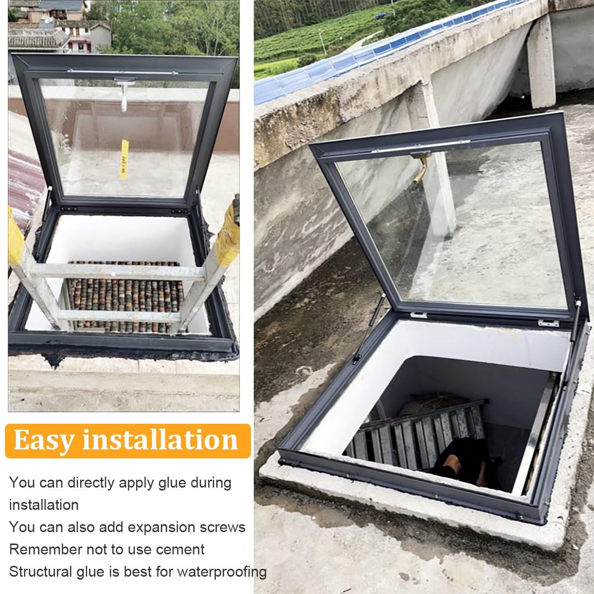 Skylights & Roof Windows, Sloped Flat Roof Skylight Cover Attic Sun Room Underground Lighting Well Window, Aluminum Alloy Frame And Double-layer Insulating Glass, for Attic/Sun Room(Gray,LxW 50x50cm/1