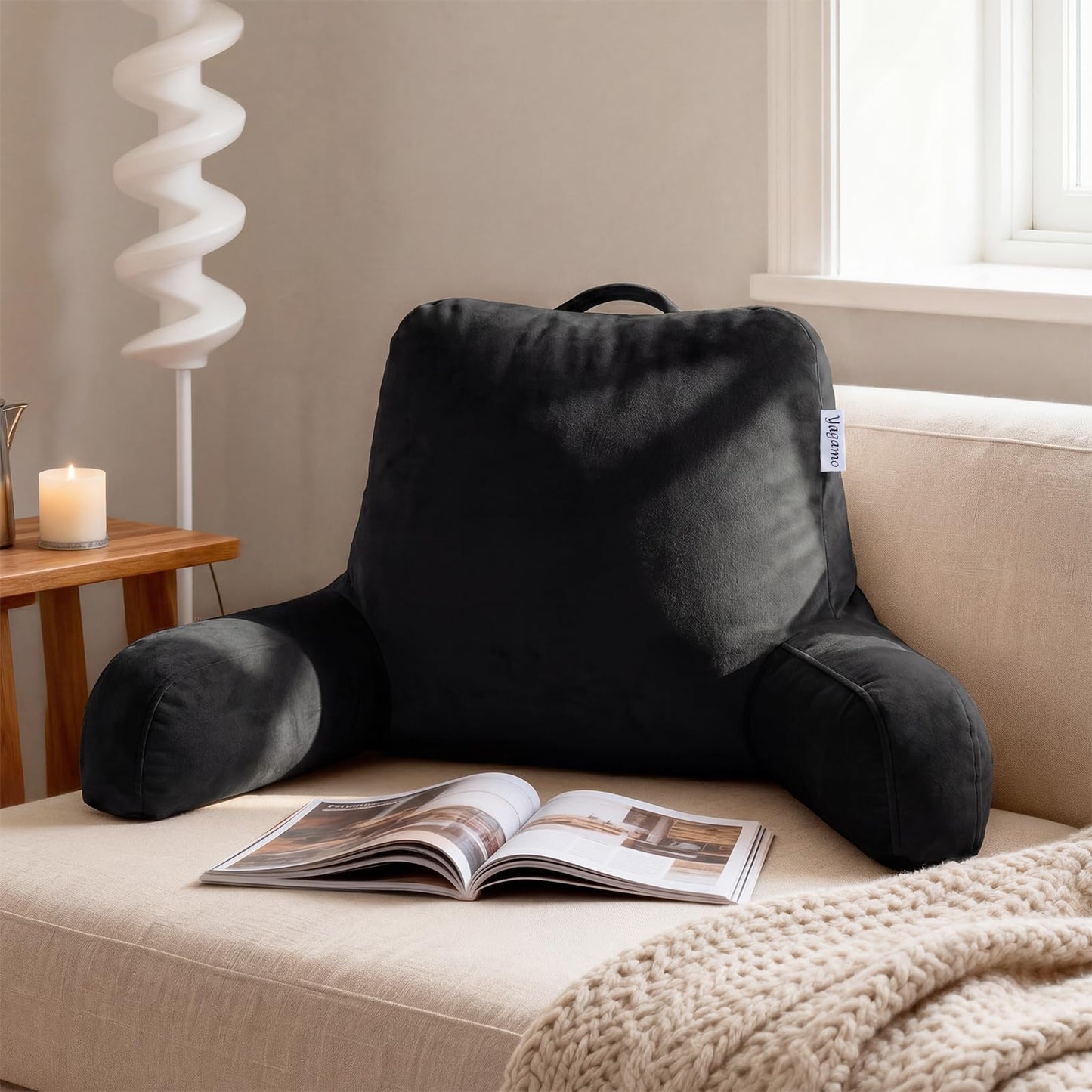 Yagamo Reading Pillow with Adjustable Memory Foam,Adult Backrest with Arms, Back Pillow for Sitting in Bed with Washable Cover- Large, Black