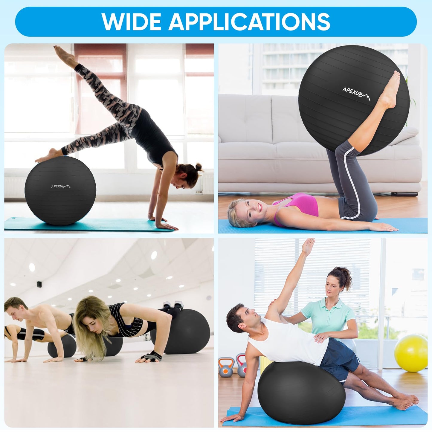 APEXUP Yoga Ball Exercise Ball Anti Slip Heavy Duty for Fitness, Balance & Core Workout, Balance Training, Pregnancy & Physical Therapy, 5 Sizes (L (23"~26") 65cm, Black)