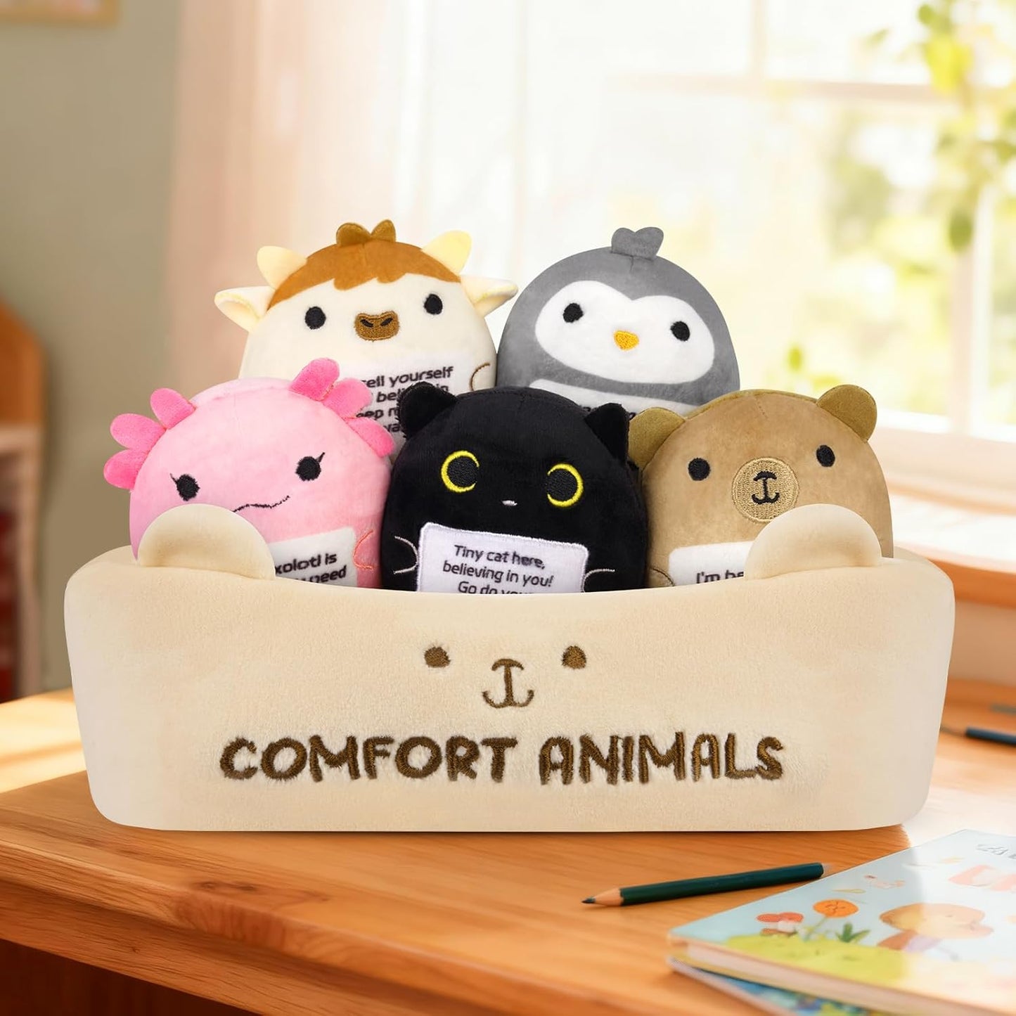 Skiennix Emotional Support Plush Animal Set - 6 Cute Stuffed Toys with Positive Messages | Soft Plushies in Basket