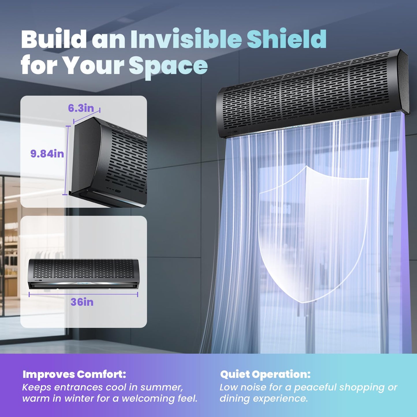 Crispaire 36" Black Air Curtain with Magnetic Door Switch 1527 CFM/2559 FPM Two-Speed Adjustable 180W Powerful Commercial Indoor Air Door Easy Installation Industrial Fan (Not an air conditioner)