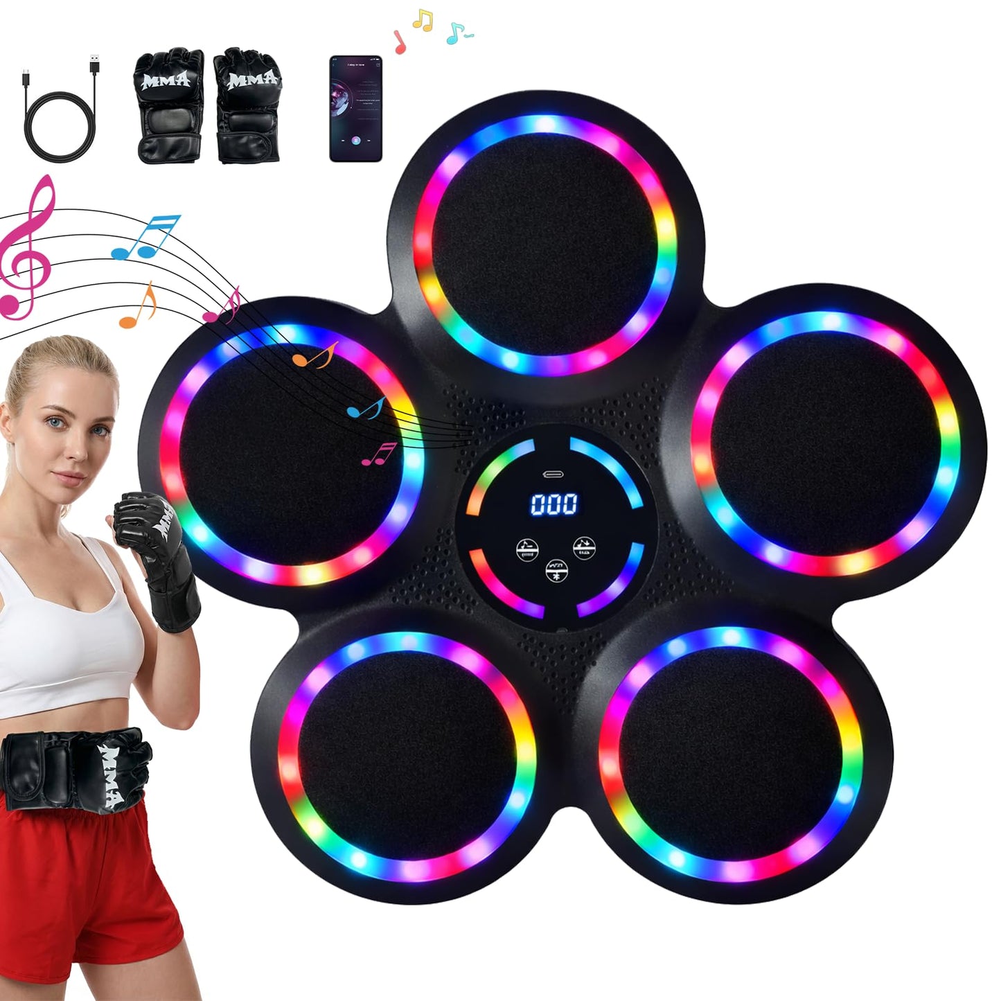 Music Boxing Machine, Smart Wall Mounted Music Punching Machine for Adults, Interactive Boxing Training Equipment with Gloves for Home, Office and Gym (RGB Light)