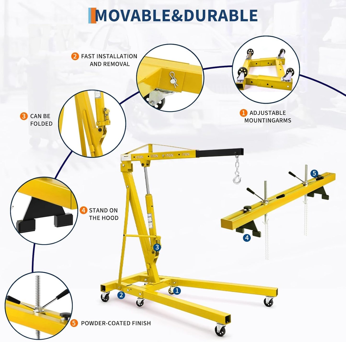2 Ton Folding Hydraulic Engine Hoist with 59 in Load Leveler 4400 LBS Capacity Heavy Duty Cherry Picker 6 Swivel Wheels,Engine Support Bar 1100 LBS Capacity for Garage Workshop Warehouse Yellow