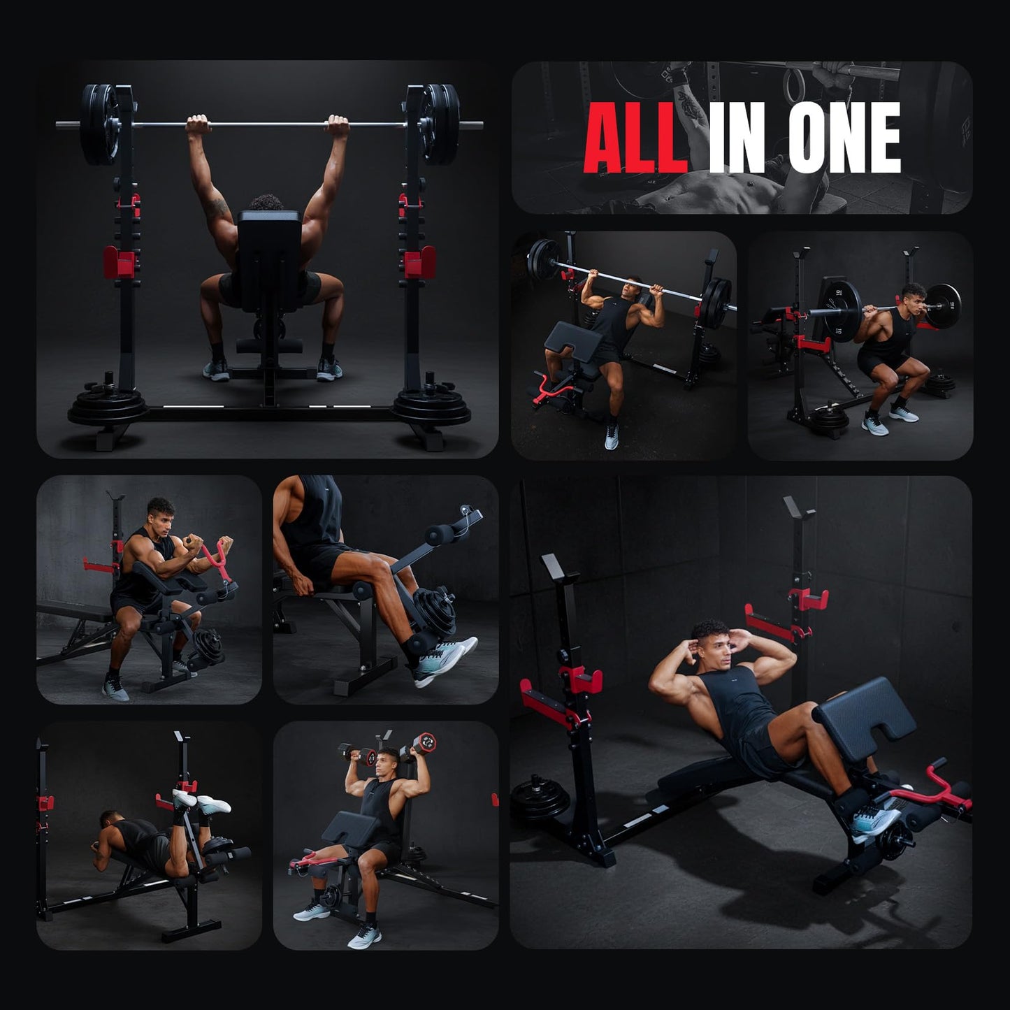 YOLEO 880LBS Weight Bench with Rack - Bench Press Set, Leg Extension, Preacher Curl & Flat/Incline/Decline Full Body Workout Bench, Adjustable Olympic Weight Benches for Home Gym(47.44IN WIDE GRIP) (1*Dumbbell+47.44“ Wide Grip)