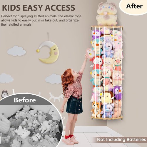 Blingbin Stuffed Animal Storage, Wood Corner Plush Toys Holder, Length Adjustable Hammock Hanging Stuffed Animal Toy Storage Organizer Shelf for Nursery Bedroom Kid Room Play Room
