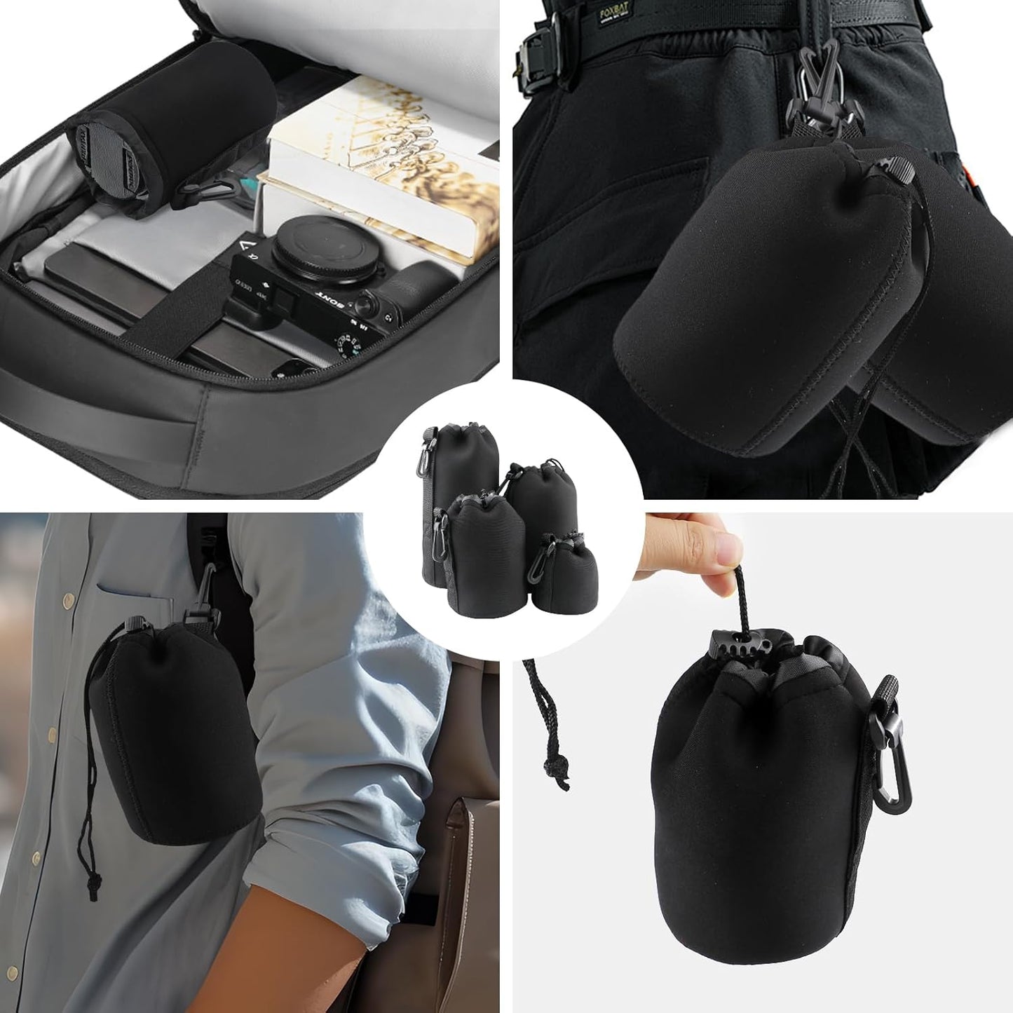 Sopoloray 4pcs Bag,4 Set Camera Lens Sizes Protective Camera Lens Pouch with Drawstring Design,Soft Plush Neoprene