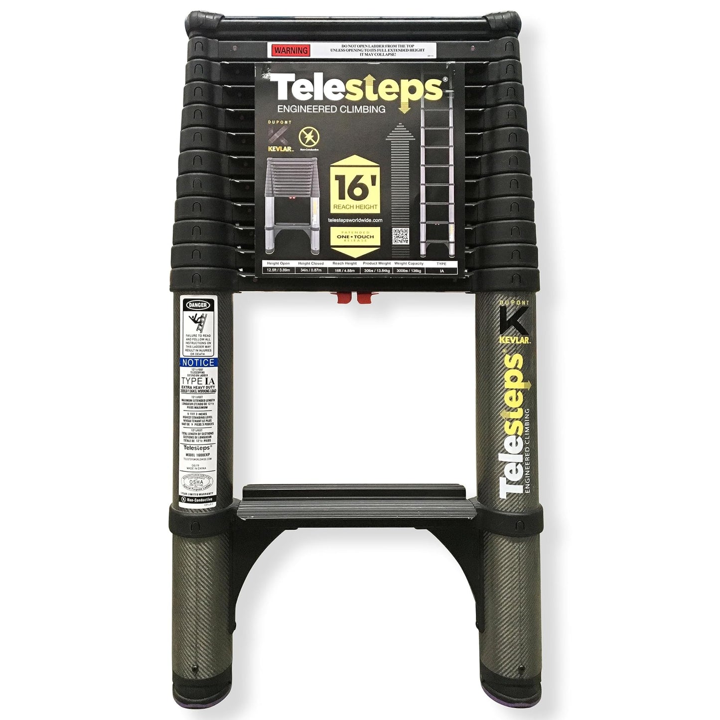 Telesteps 12.5 ft Kevlar® Telescoping Extension Ladder – Non-Conductive, 16 ft Reach, 300 lb Type 1A, OSHA/ANSI Certified, Lightweight, Compact, Electrician-Safe