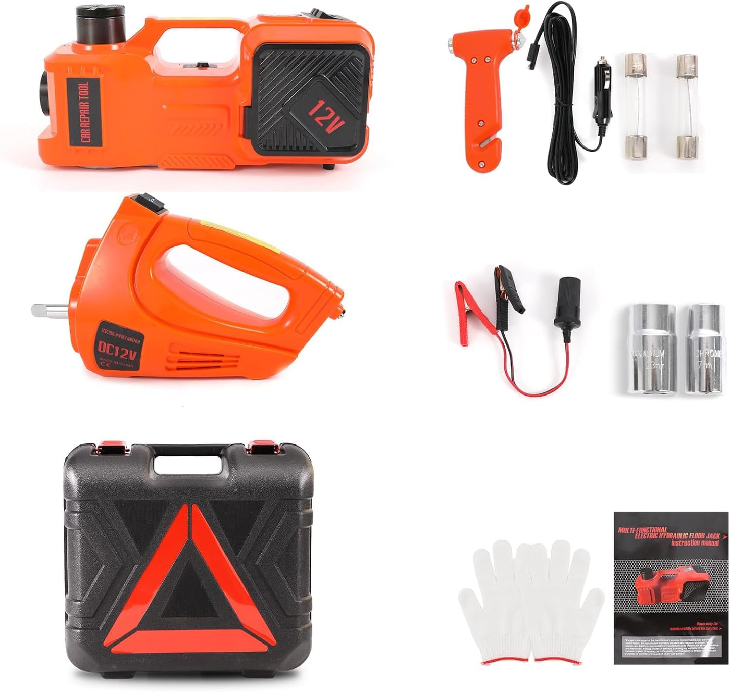 Electric Car Jack Kit 5 Ton 12V Hydraulic Floor Jack with Impact Wrench and Inflatable Pump for SUV Car Emergency Repair Tire Change Kit with LED Light