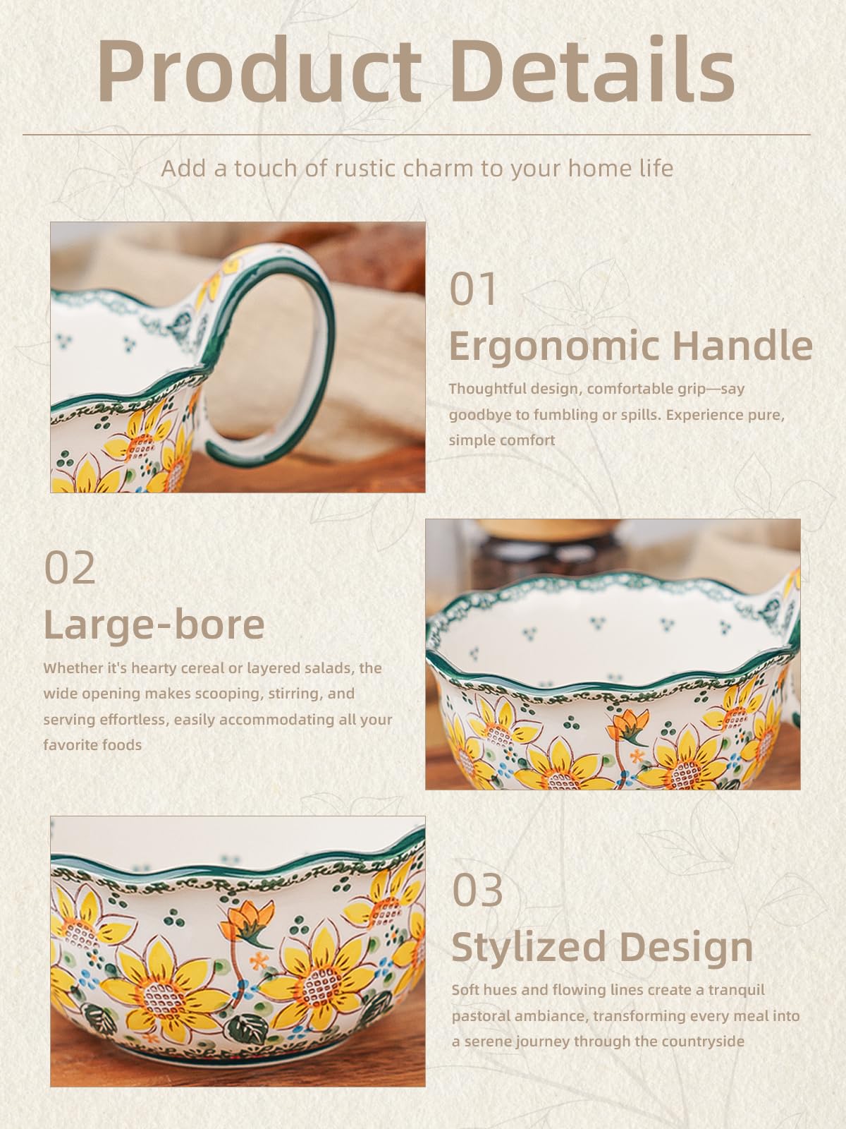 silesia Handmade Ceramic Soup Bowl, 30 oz Hand Painted Bowl with Loop Handle, Floral Design Cereal Bowl for Soup, Ice cream, Snack, Microwave & Dishwasher Safe (Sunflower)