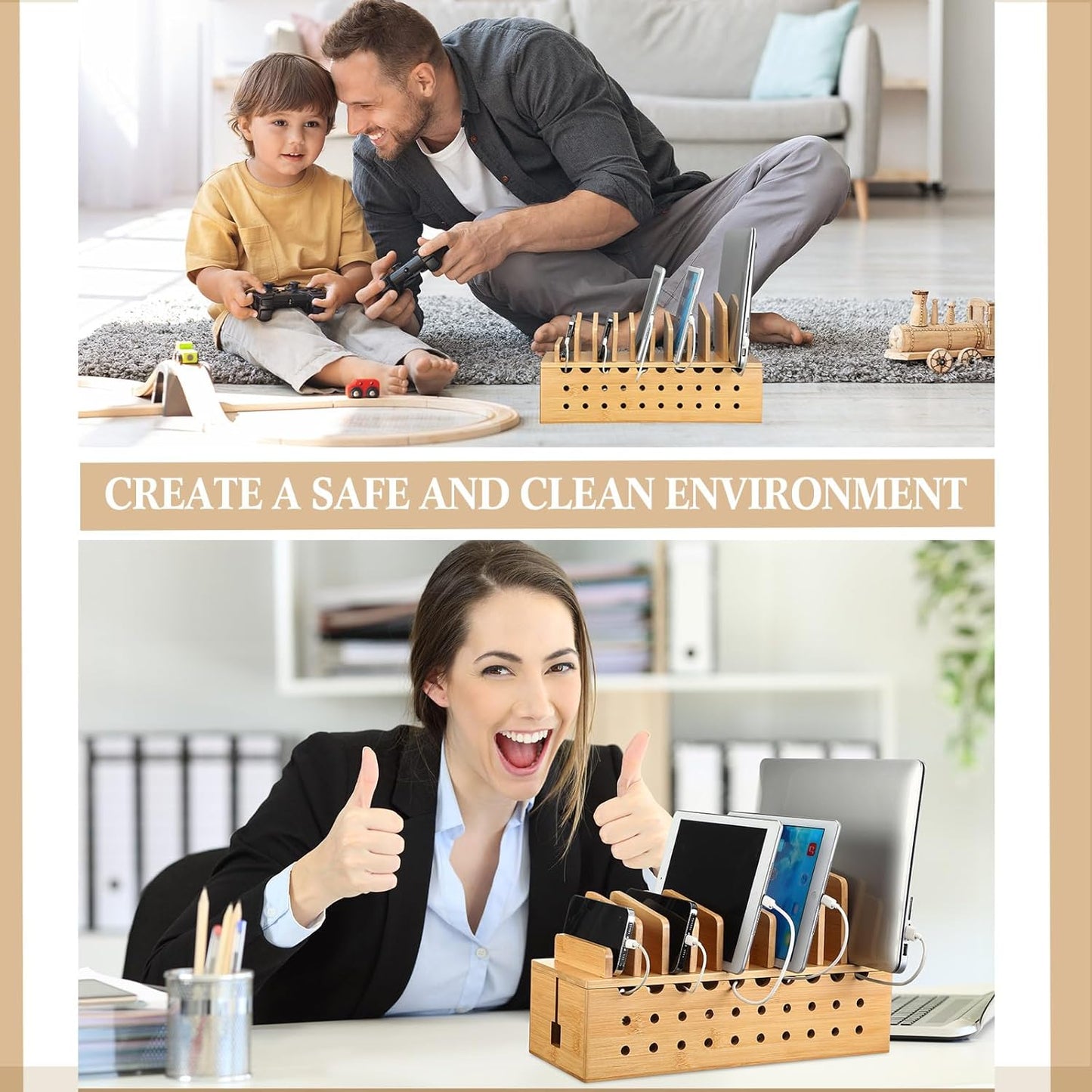 Burbell 10 Bamboo Charging Station for Multiple Devices, Cell Phone Docking Charging Station Organizer and Cord