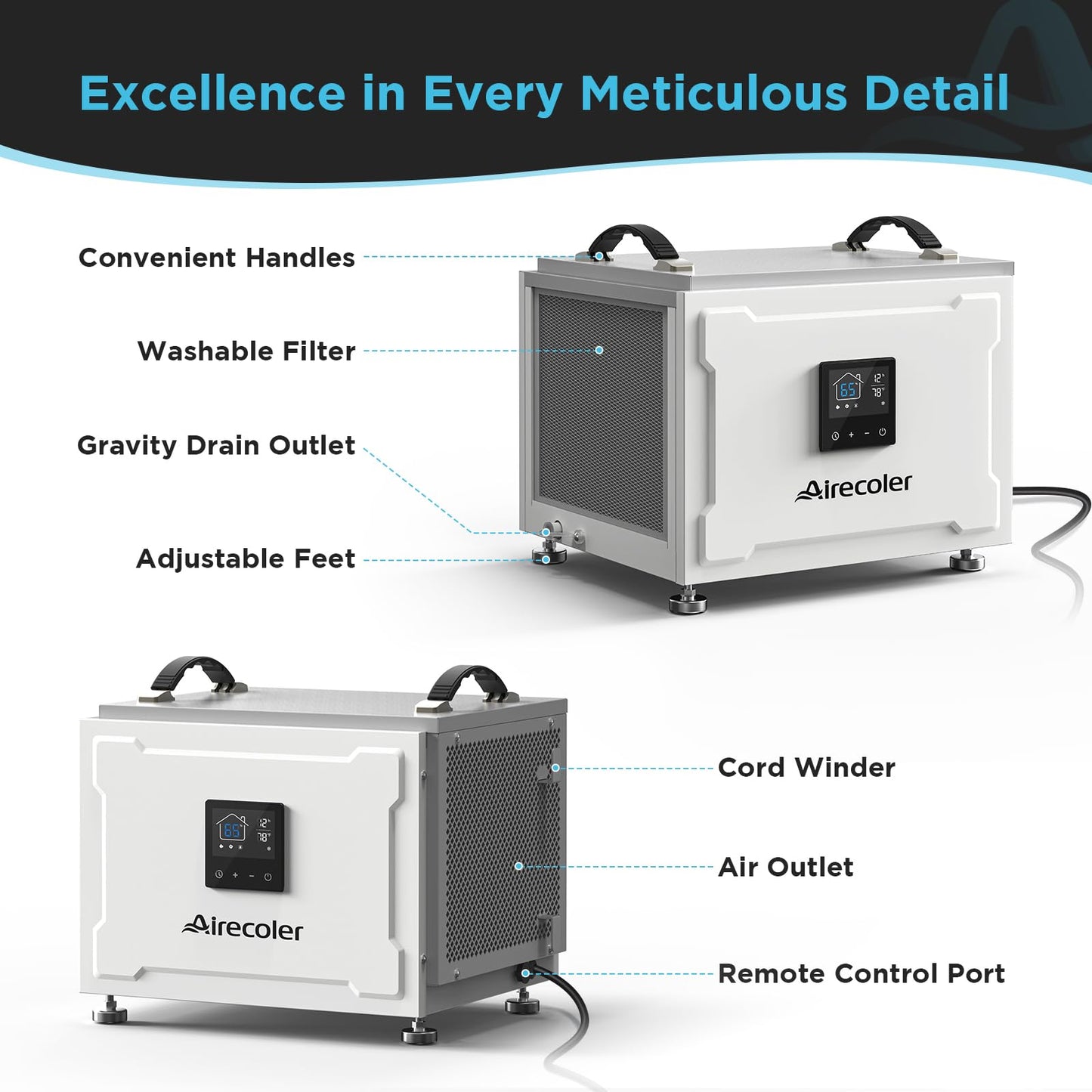 Airecoler 70 Pints Energy Star Commercial Dehumidifier with Drain Hose, Compact Crawl Space Dehumidifiers for Basement and Home, Built-in Remote Control, Auto Defrost | Airecoler Stellar S10