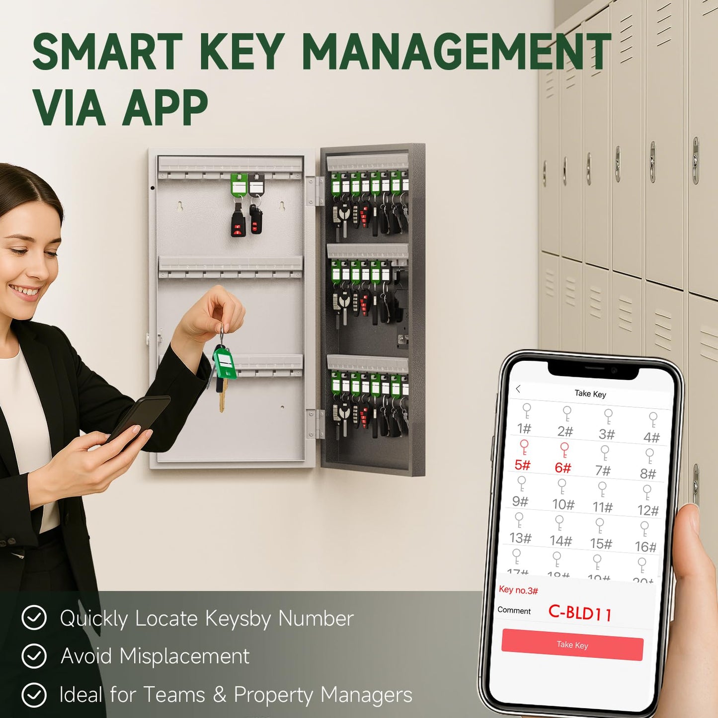 WeHere 48-Key Smart Key Lock Box Wall Mount – Commercial Key Cabinet with App, Keypad, Bluetooth & WiFi Unlock (Sold Separately), Access Log Tracking, Key Management System for School, Rental, Office