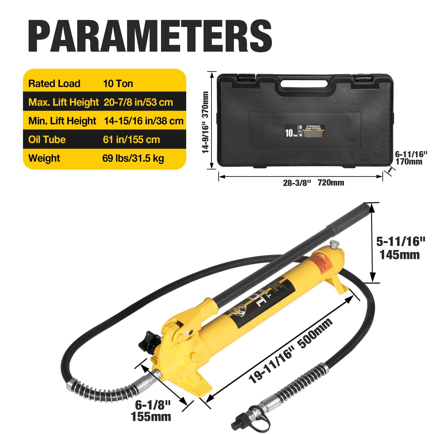 YELLOW JACKET 10 ton Porta Power Kit Hydraulic Ram Jack Pusher Puller Auto Body Frame Repair Tool with Blow Mold Carrying Storage Case for Car Repair,Truck,Farm