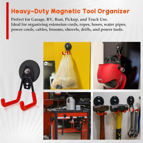 EDSRDUX Heavy Duty Magnetic Hooks - Strong Anti-Slip Rubber Coated Utility Hooks for Tools & Garage (Medium - 2 Pack)