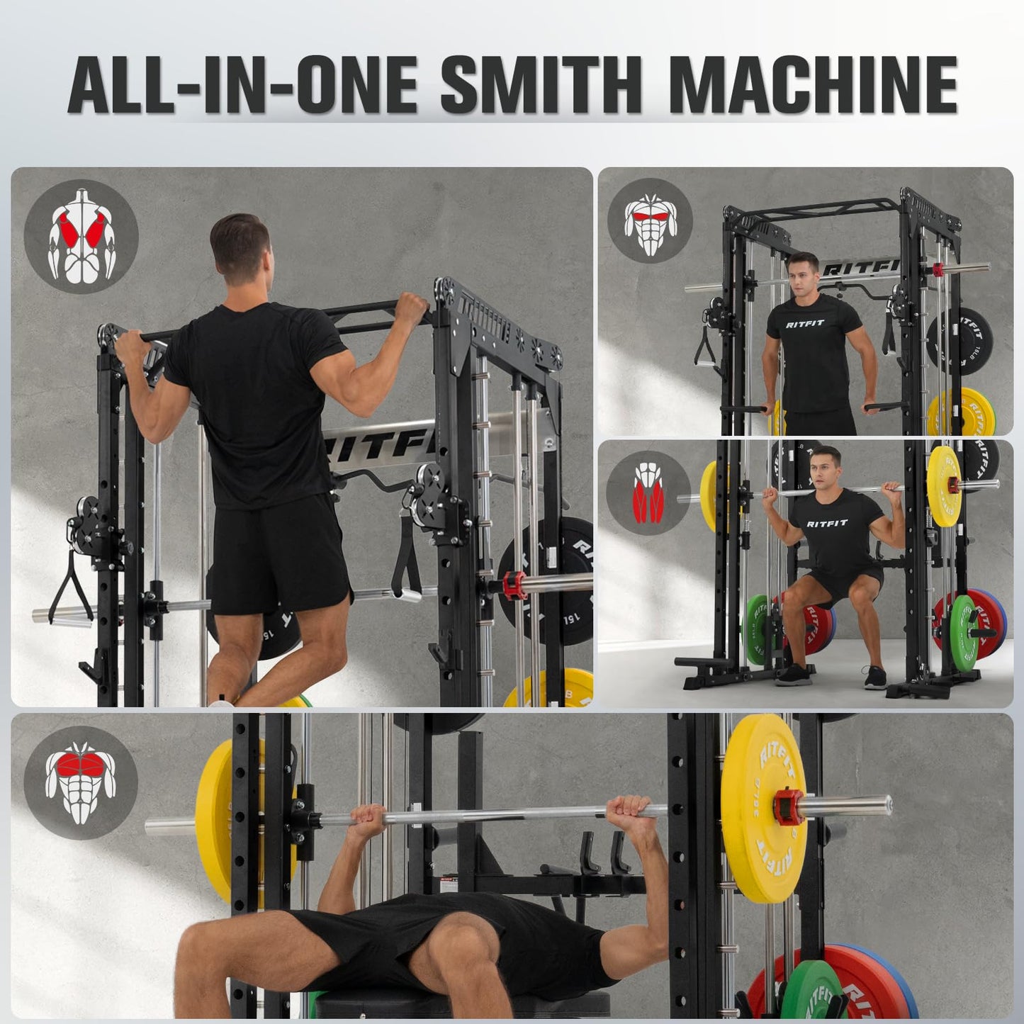 RitFit M1 Pro Smith Machine with LAM1 Adjustable Lever Arm Attachment, All-in-One Power Cage, Power Rack with LAT Pulldown & Cable Crossover System for Home Gym(Black)