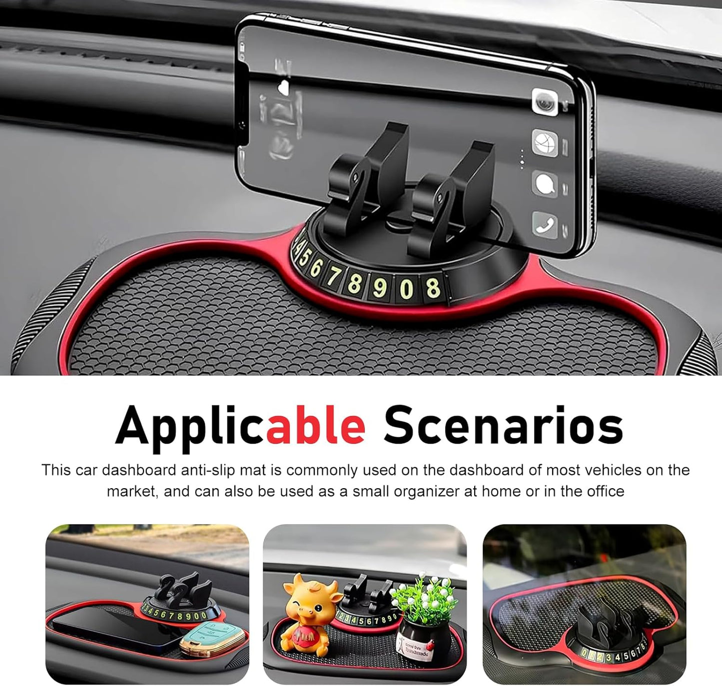 Cuymoap Multifunction Car Anti-slip Mat, Storage Pad & Rotatable Phone Holder & Parking Number Plate, Large Organizer