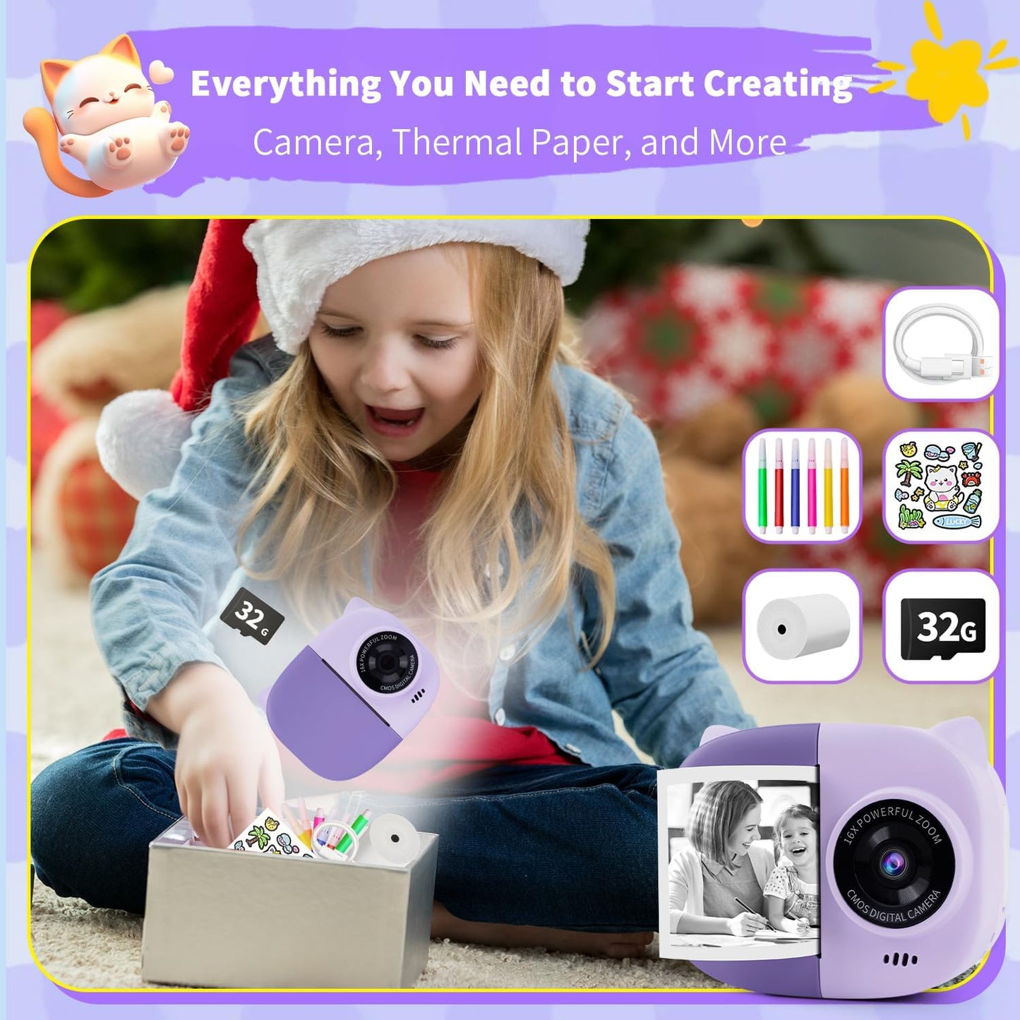 Rongta 1080P 3 4 5 6 7 8 Portable Instant Camera for Kids Print Photos Travel Digital Video Camera for Toddlers Year