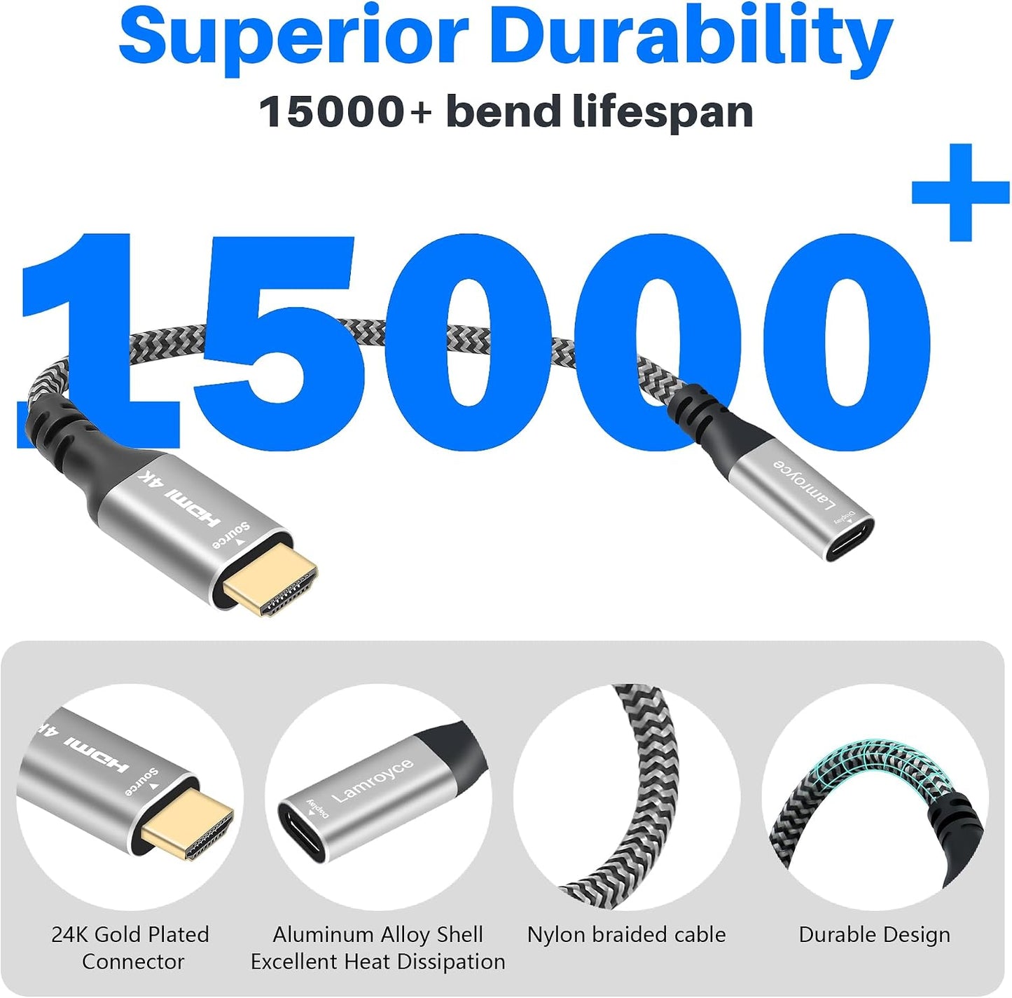 Lamroyce 3.1 1 4Feet, 4K@60Hz,PD 100W HDMI to USB-C Cable Adapter with USB Video Cable, Uni-Directional HDMI Male