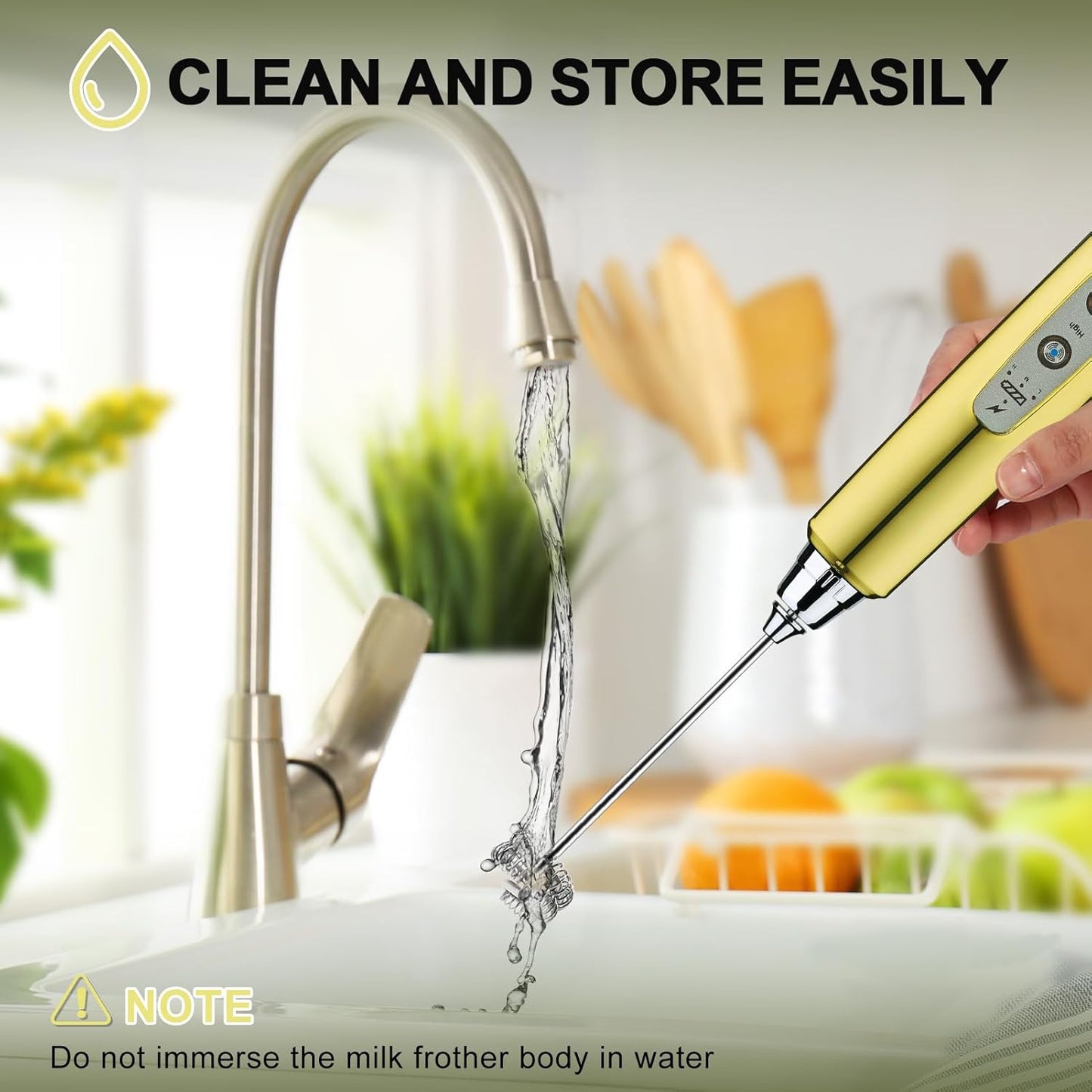 YUSWKO Handheld Milk Frother - Champagne Gold Electric Whisk with Stand, 3 Speeds & 3 Heads for Coffee, Latte & More