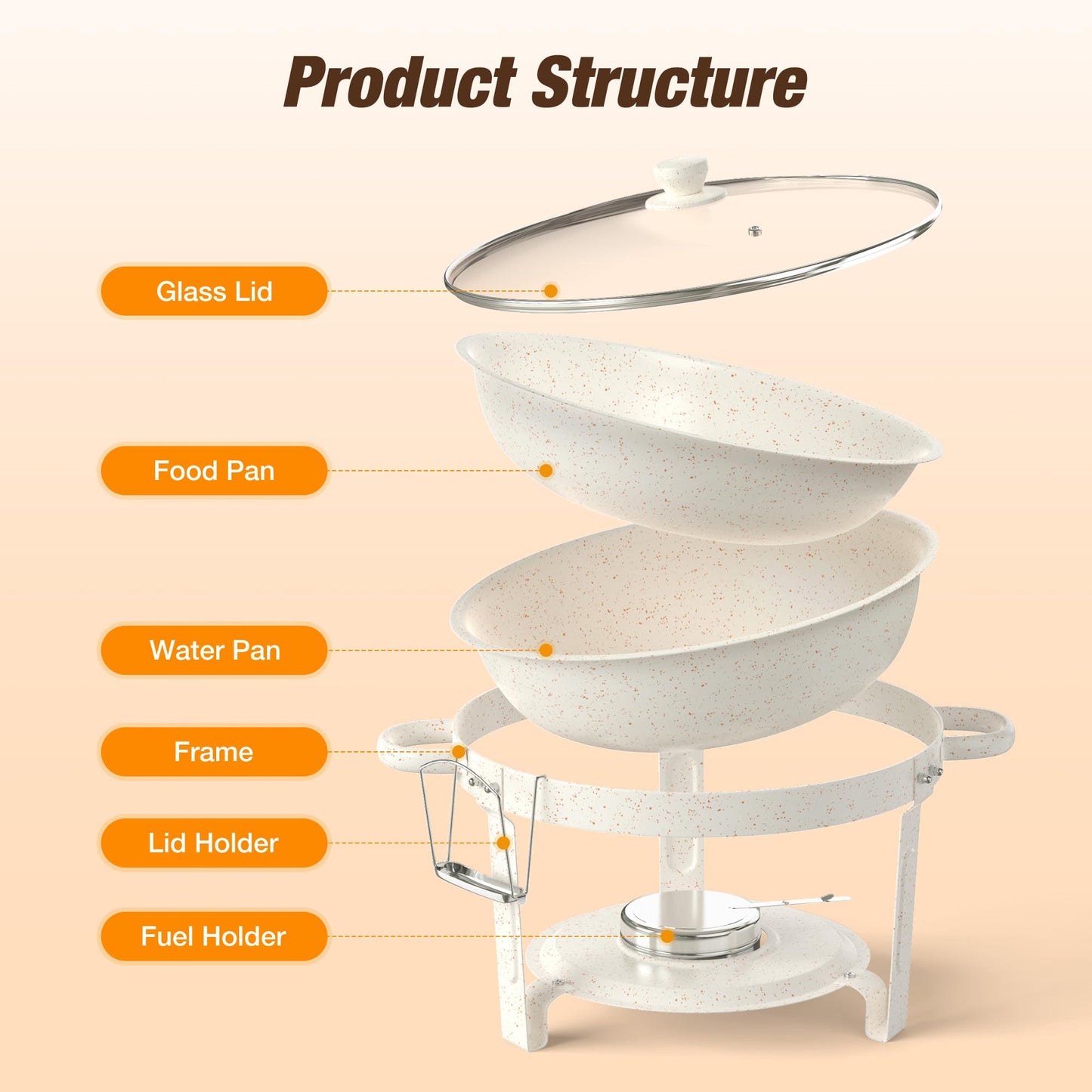 WARMOUNTS 5QT Chafing Dishes for Buffet Set, White Maifan Coated Stainless Steel Food Warmers for Parties Catering, Stackable Buffet Servers with Glass Lid & Holder 4 Pack