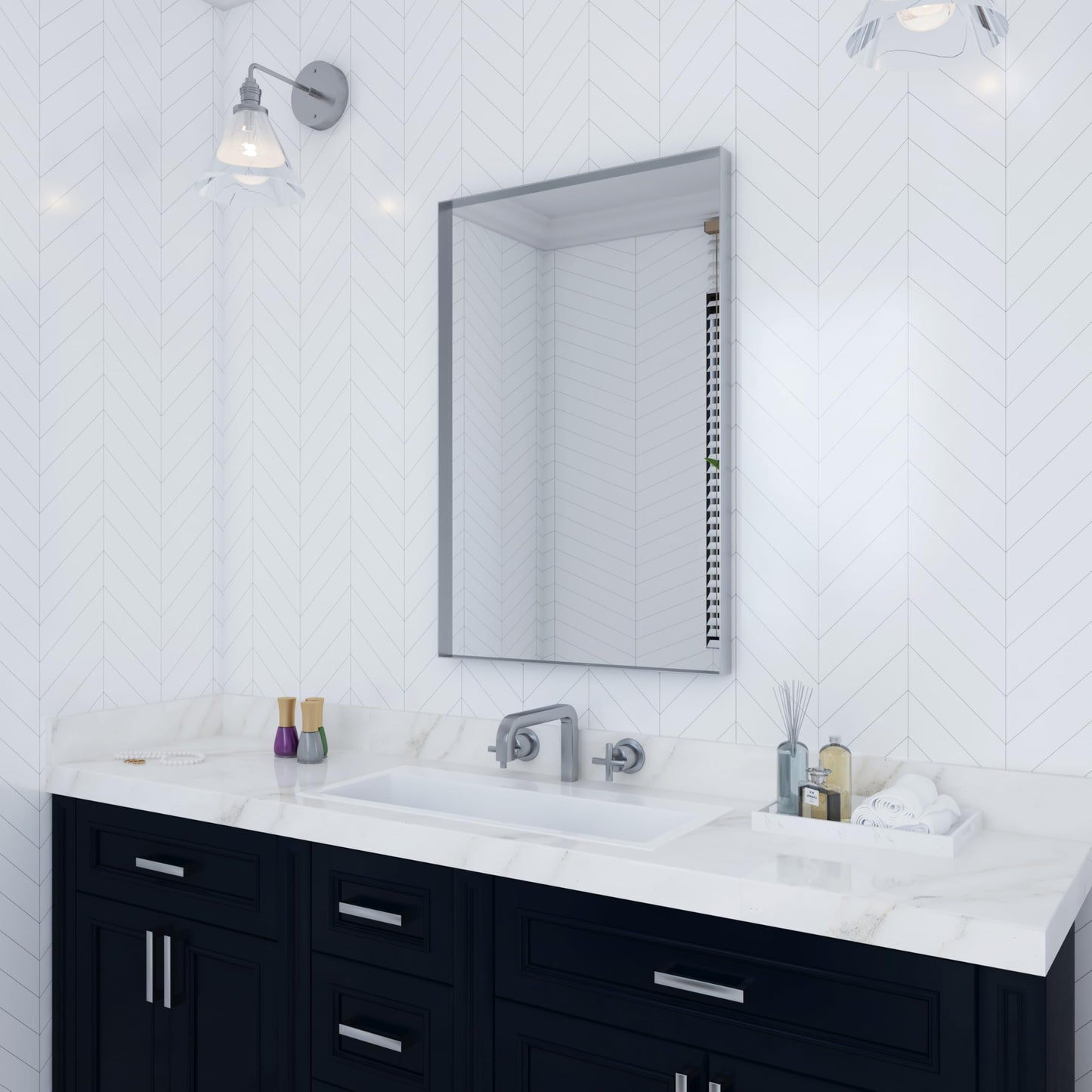 VocalStar 24 x 36 Inch Silver Bathroom Mirror for Wall, Square Corner Rectangle Nickel Metal Framed Bathroom Vanity Mirrors, 1/4-inch Shatterproof Glass | Ultra-Flush Hanging