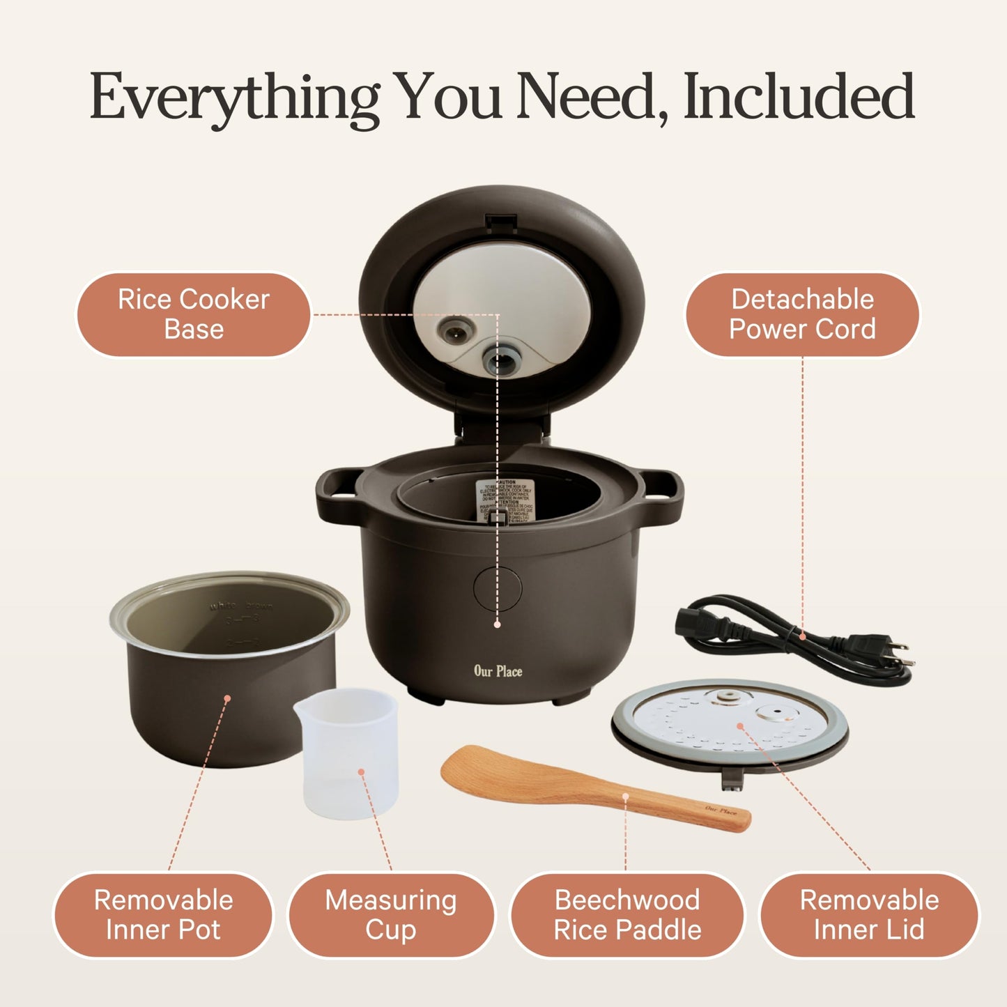 Our Place Rice Cooker | Compact Rice Cooker 3-Cup Uncooked / 6-Cup Cooked with Ceramic Nonstick Inner Pot | Fuzzy Logic Multi-Cooker for White & Brown Rice, Oatmeal & Grains | Delay Timer & Auto Keep Warm | Char