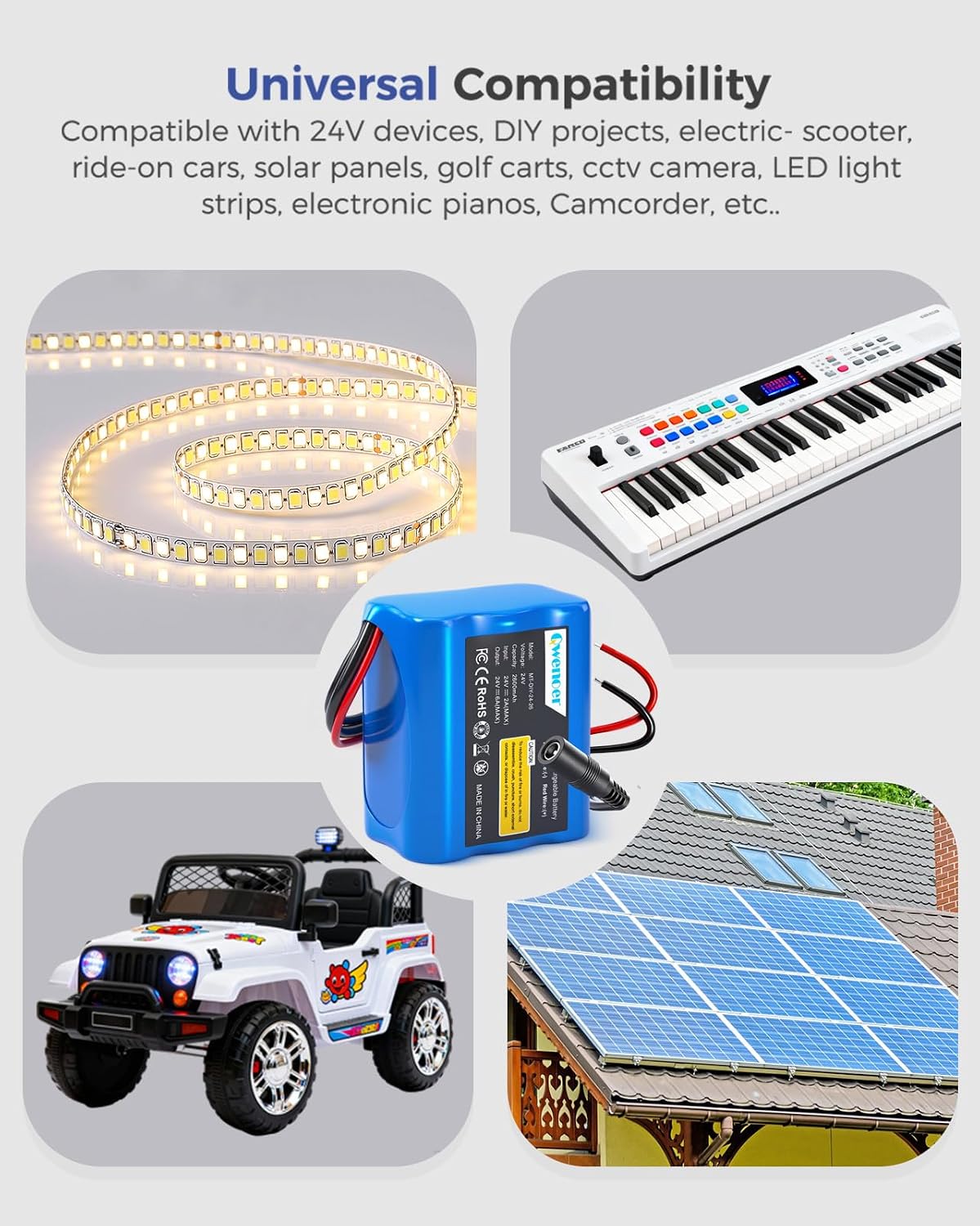 Qwenoer 24V 2.6Ah 24V Lithium Battery, Rechargeable Li-ion Battery with Charger, Bare Leads Wire, Cable Connector