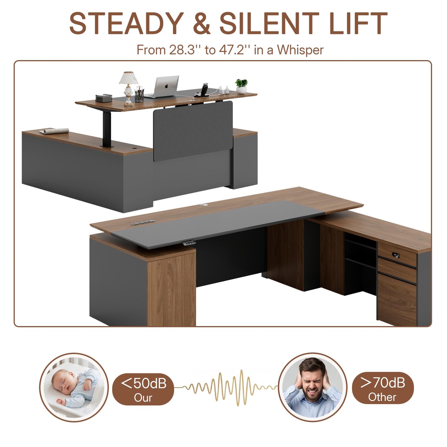 ZIMASYA 79" L Shaped Executive Desk with File Cabinet Drawers Outlet USB, Dual-Motor Adjustable-Height Modern Executive Desk with Privacy Panel for Boss Managers Office Home Natural Wood & Grey