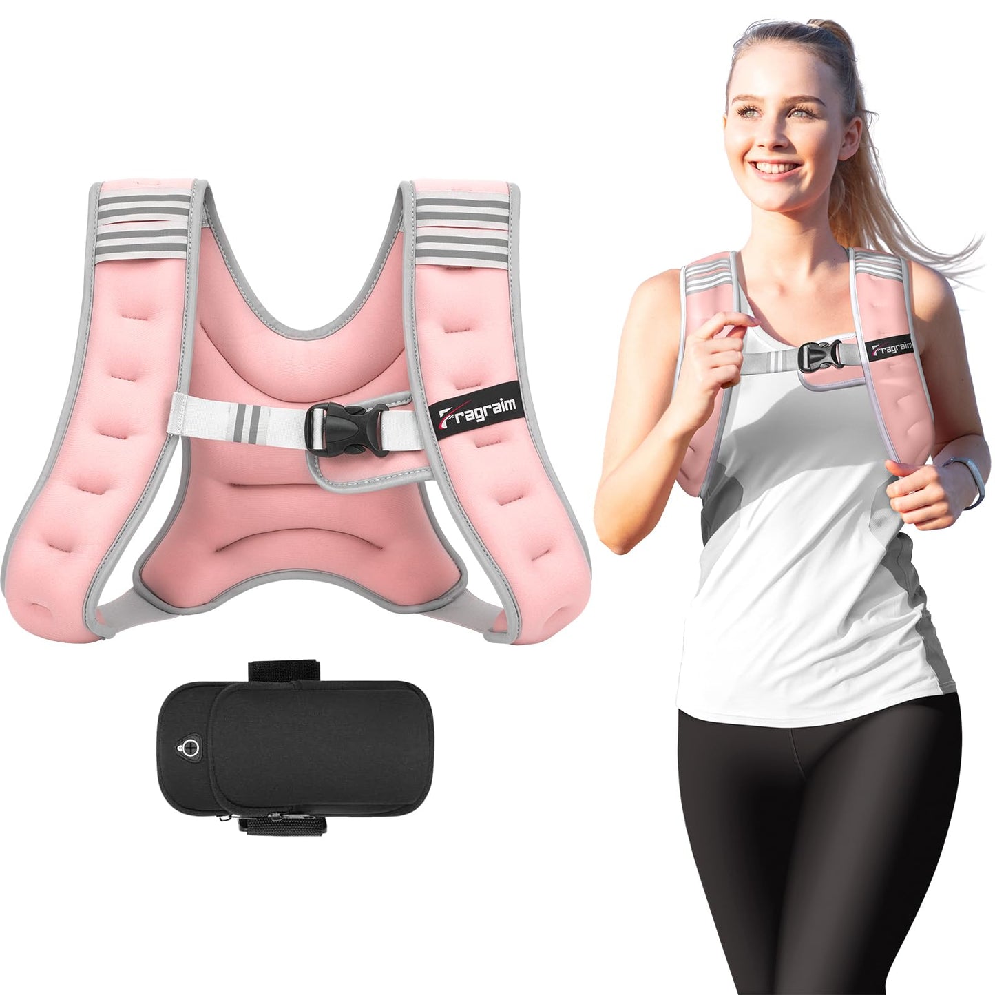 Fragraim Weighted Vest for Women Men - 10lb Weight Vest with Reflective Stripe, Detachable Phone Pouch, Ideal for Walking, Strength Training, Running, Workout, Cardio and Weight Loss - Pink