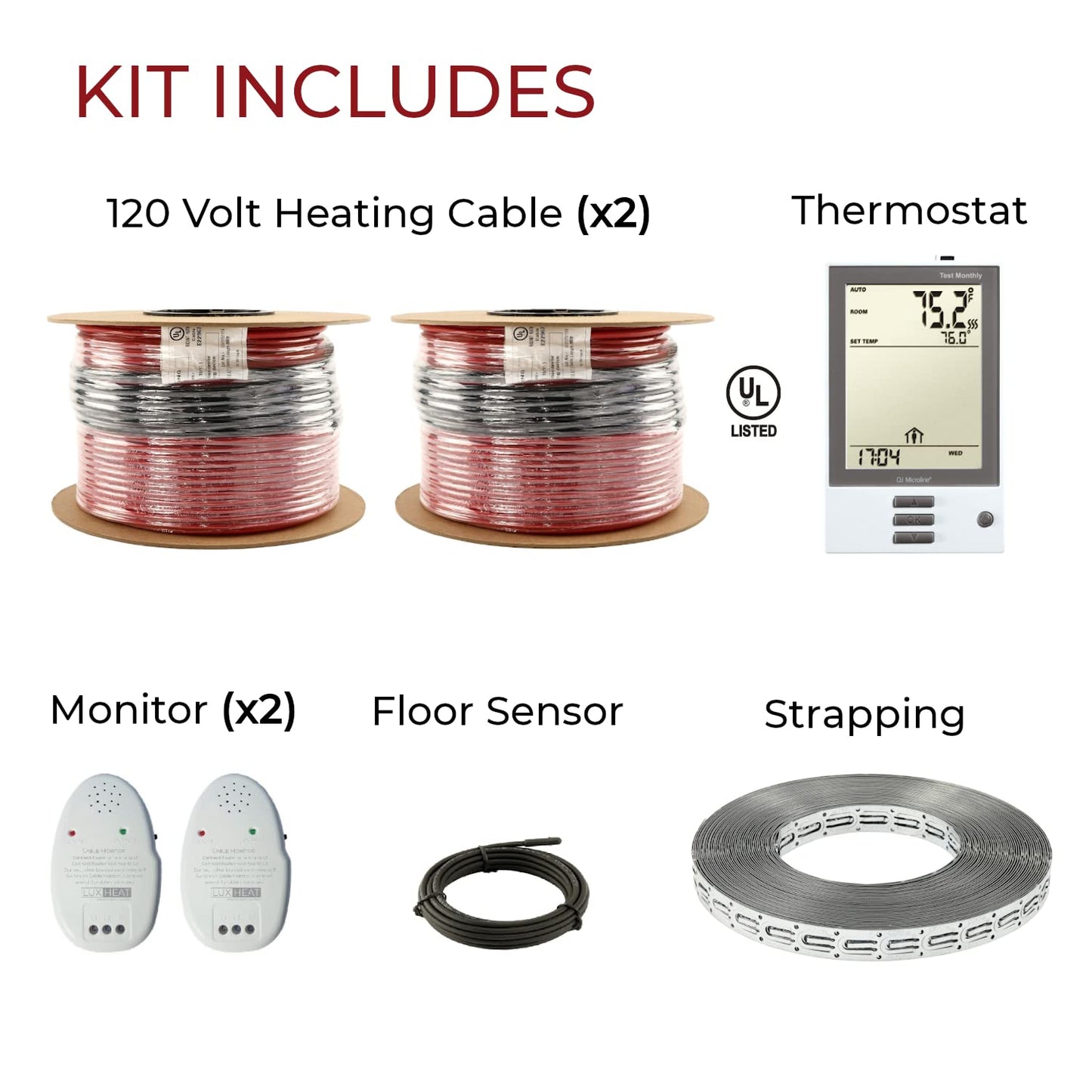LuxHeat 140sqft Floor Heating Cable Kit - 120v Vinyl Flooring Heating System - Heated Flooring System Includes UDG Programmable Thermostat w/GFCI, In Floor Heat Cable, Strapping, Sensor & Alarm