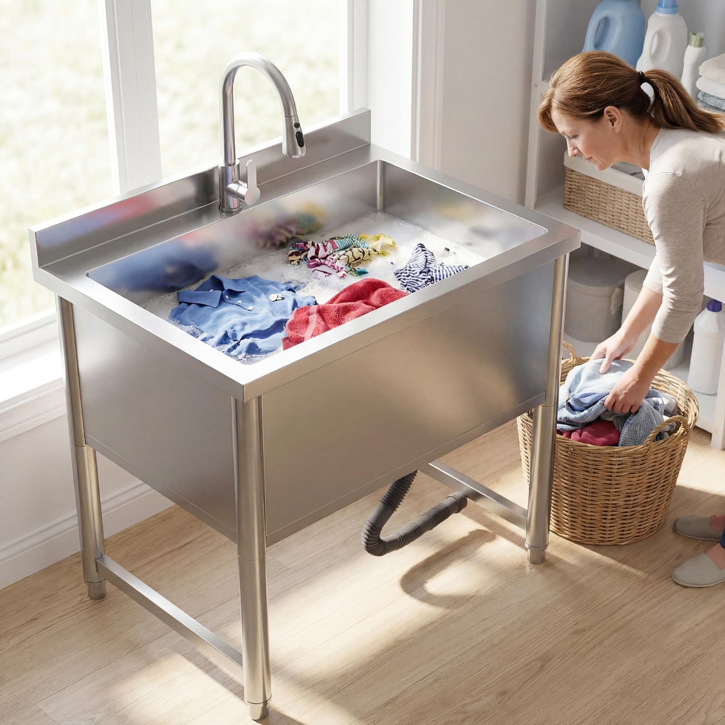 Stainless Steel Commercial Restaurant Sink, Freestanding Large Commercial Sink with Pull-out Faucet for Kitchen Dishwashing, Thawing, Pet Cleaning, Laundry Room, 35 Gallon, 23.6"D x 33.5"W x 36.8"H