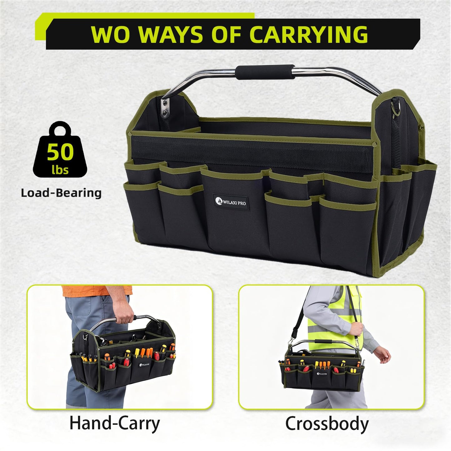 WILAXI PRO 20in Foldable Open Top Tool Bags For Men Heavy Duty, Tool Carrier hard With Handle, Wide Mouth Electrician Tool Tote, Many Pockets Can Hold Many Tool, Green