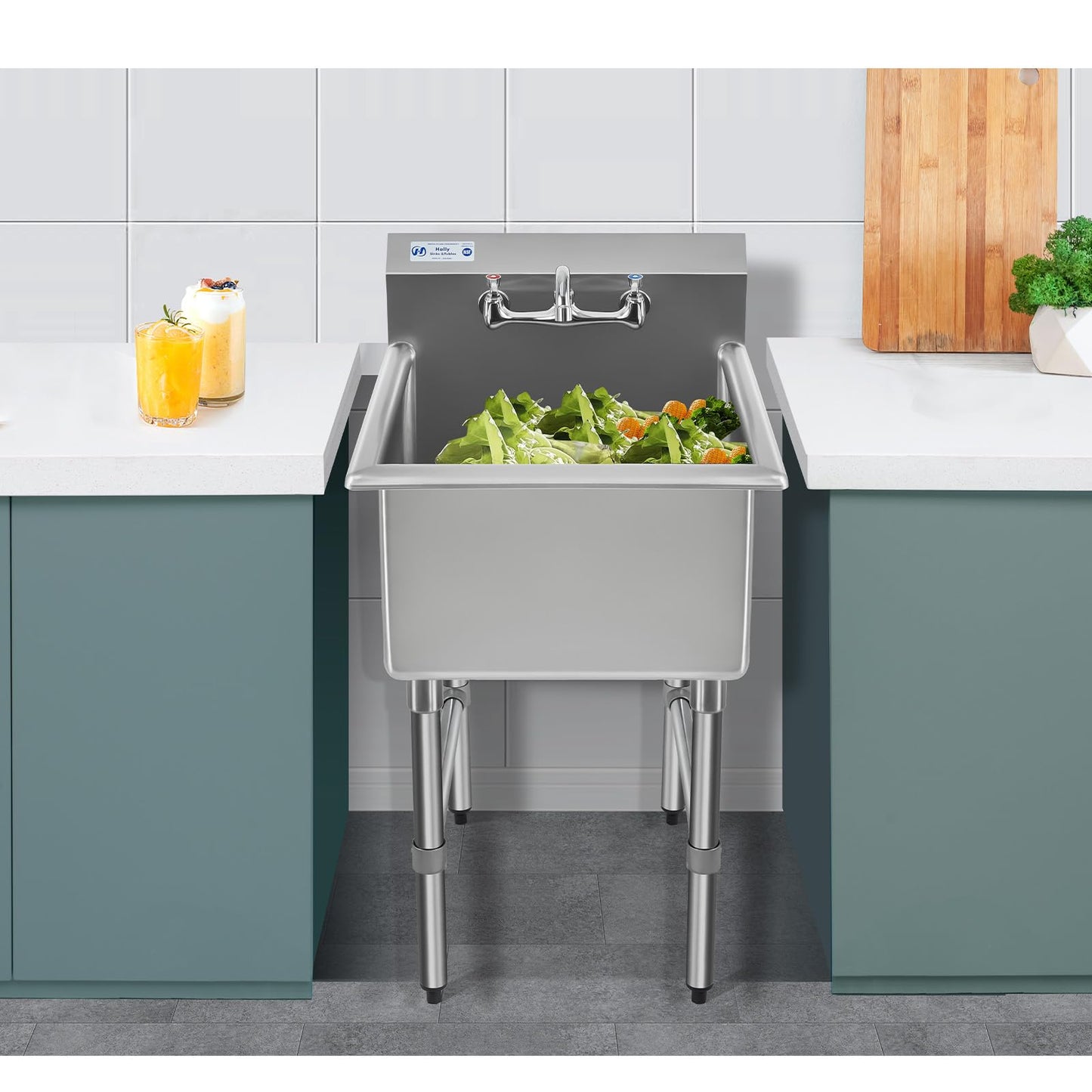 HALLY Commercial Stainless Steel Sink 1 Compartment NSF Prep & Utility Sink with 8" Faucet 24" L x 24" W x 12" D Bowl for Bar, Restaurant, Kitchen, Hotel and Home