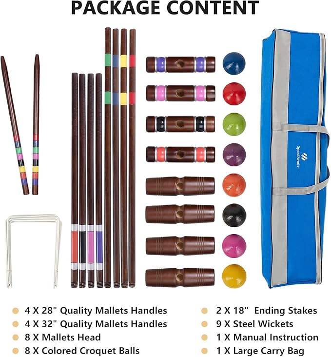 Deluxe 8 Players Croquet Set with 32In Regulation | 28In Standard Size Rubber Wood Mallets, Colored PE Ball, Wickets, 21In End Stakes - Lawn Backyard Game for Teens/Adults/Family